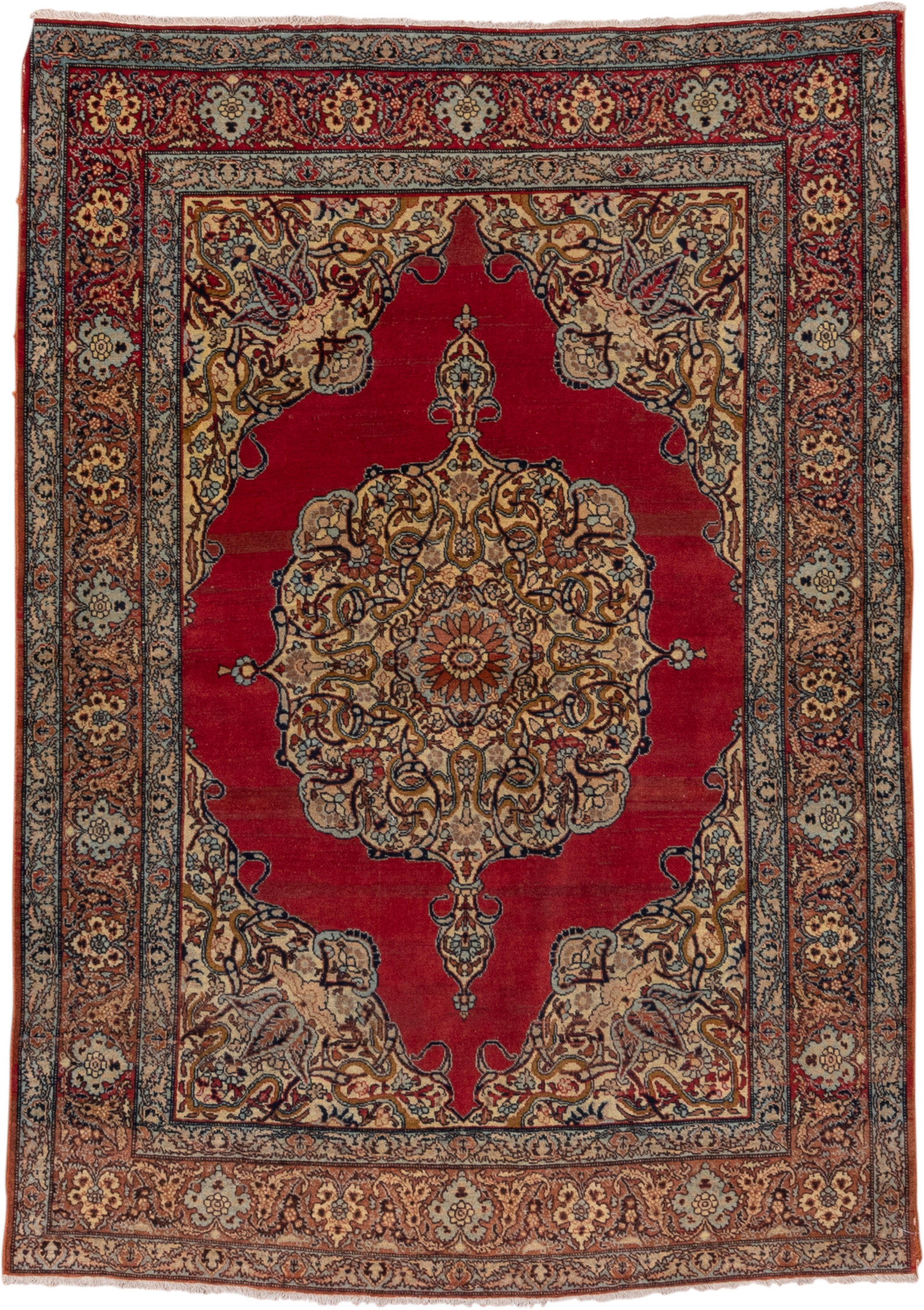 4' x 5' one-of-a-kind handmade antique Tabriz small size rug. Color palette: crimson, ivory, camel, navy, rust, taupe, slate