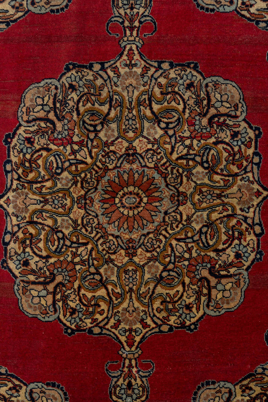 4' x 5' one-of-a-kind handmade antique Tabriz small size rug. Color palette: crimson, ivory, camel, navy, rust, taupe, slate