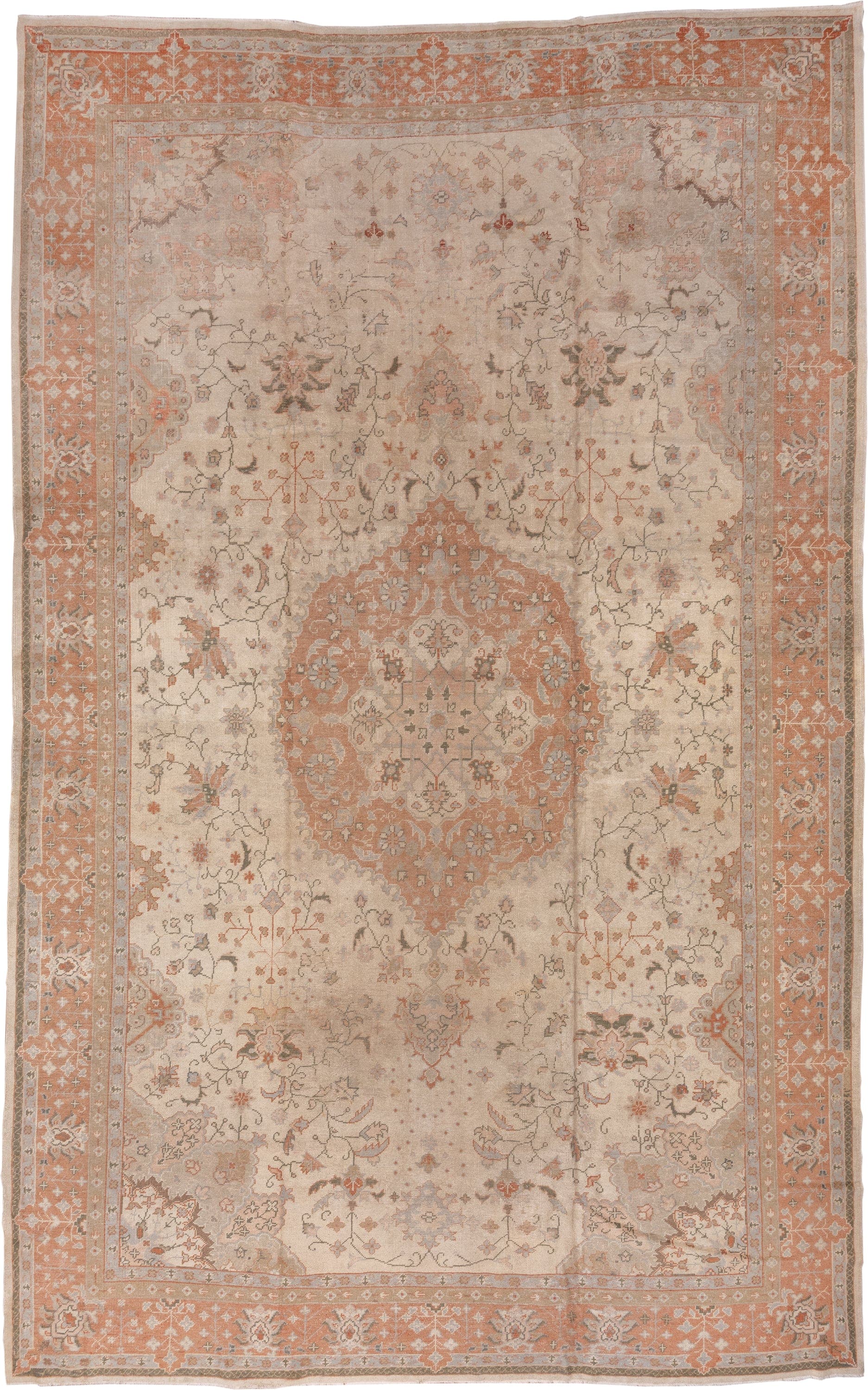 13' x 20' one-of-a-kind handmade antique Oushak oversize rug. Color palette: ivory, peach, taupe, sage, camel, terracotta