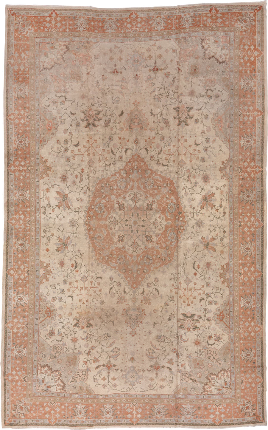 13' x 20' one-of-a-kind handmade antique Oushak oversize rug. Color palette: ivory, peach, taupe, sage, camel, terracotta
