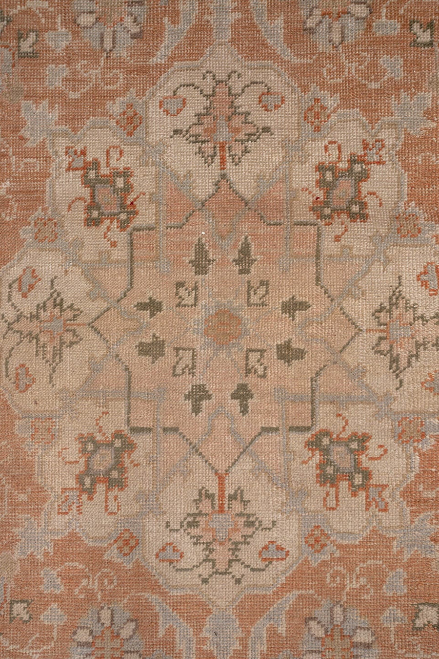 13' x 20' one-of-a-kind handmade antique Oushak oversize rug. Color palette: ivory, peach, taupe, sage, camel, terracotta