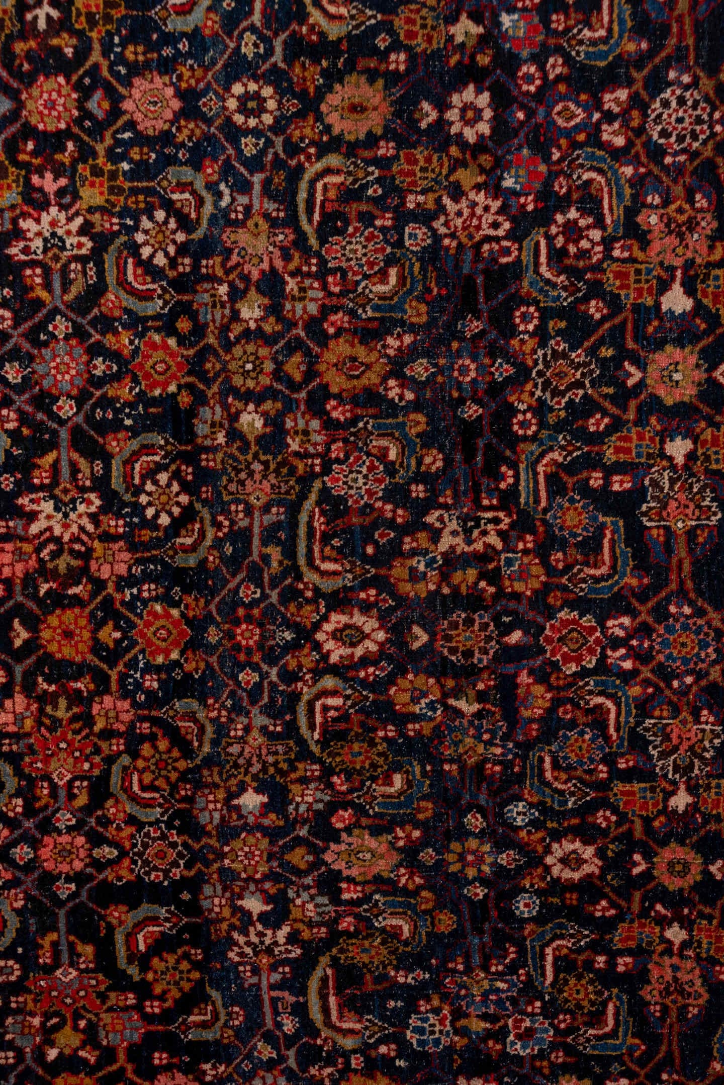 4' x 12' one-of-a-kind handmade antique Bidjar runner rug. Color palette: navy, ivory, rust, terracotta, indigo, camel, rose