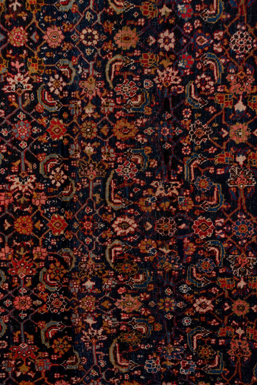 4' x 12' one-of-a-kind handmade antique Bidjar runner rug. Color palette: navy, ivory, rust, terracotta, indigo, camel, rose