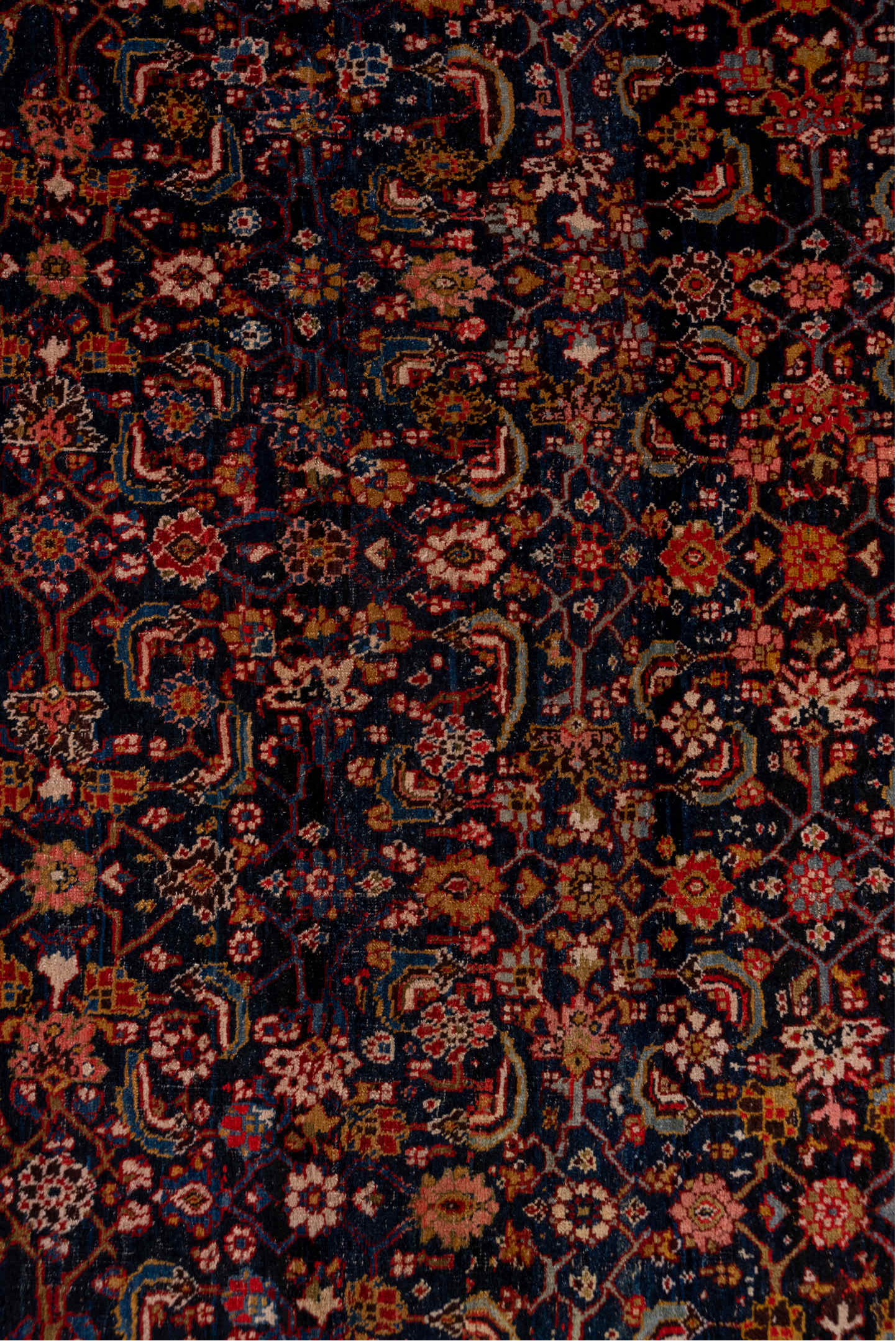 4' x 12' one-of-a-kind handmade antique Bidjar runner rug. Color palette: navy, ivory, rust, terracotta, indigo, camel, rose