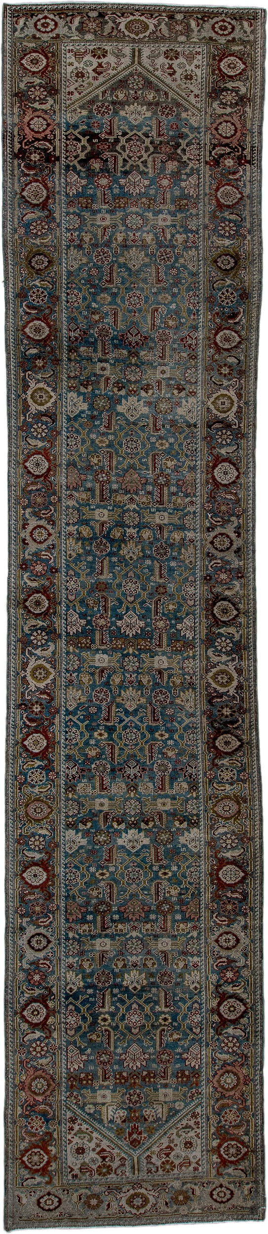 3' x 16' one-of-a-kind handmade antique Malayer runner rug. Color palette: blue, ivory, rust, navy, brown, sage, gold