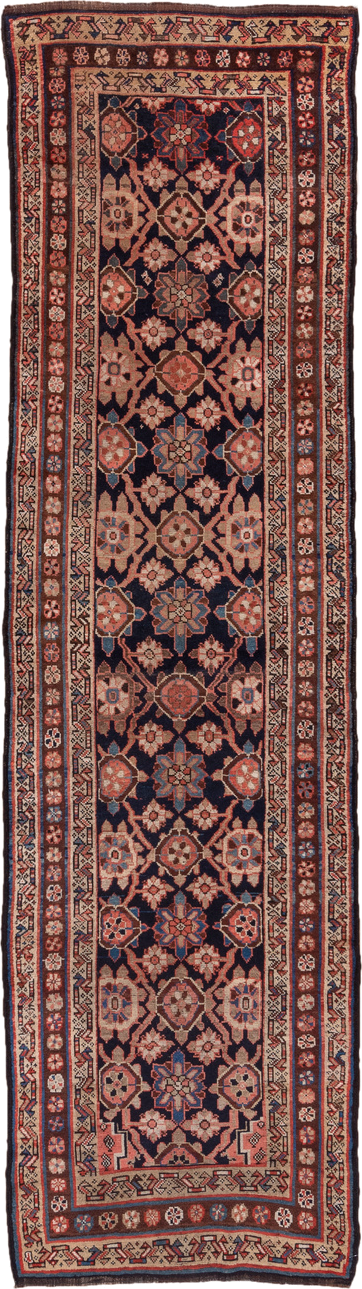 3' x 11' one-of-a-kind handmade antique Kurd runner rug. Color palette: navy, ivory, rust, crimson, camel, slate, blue