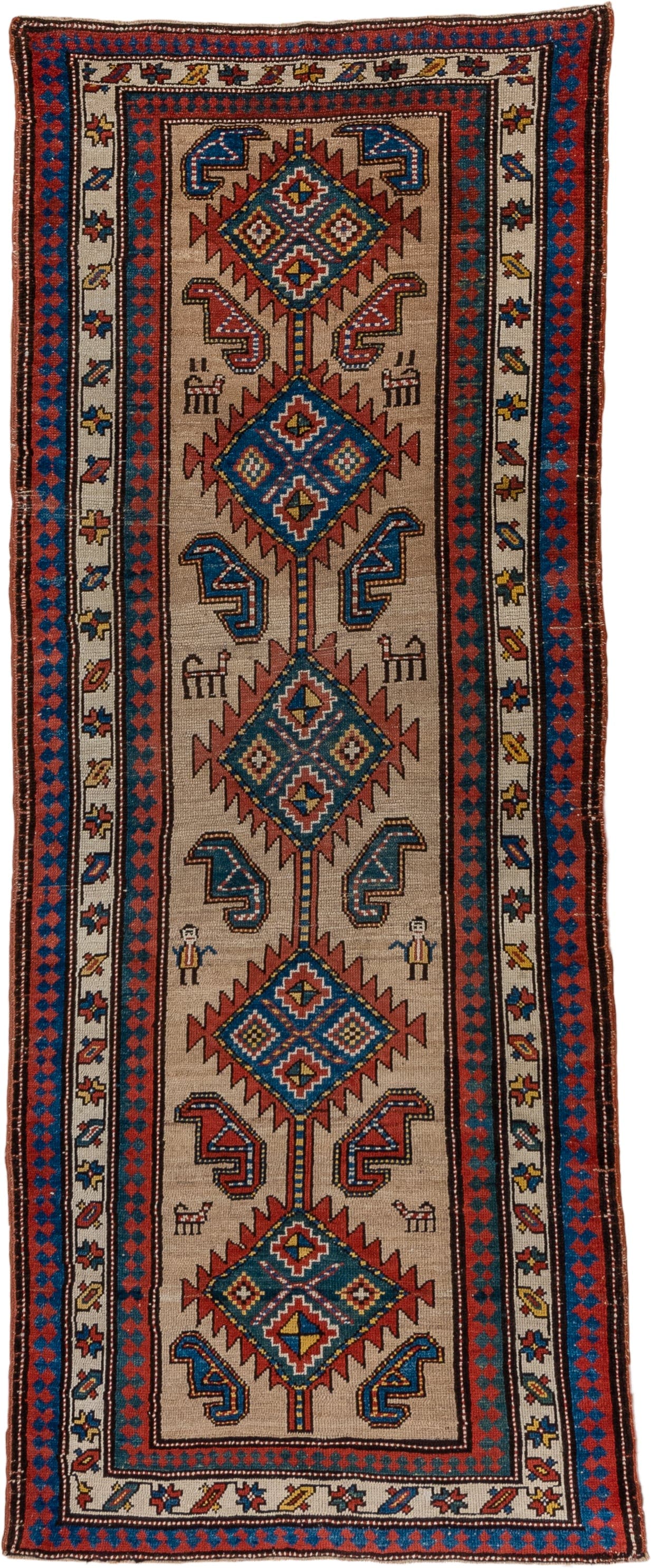 3' x 9' one-of-a-kind handmade antique Sarab runner rug. Color palette: ivory, rust, indigo, blue, brick, gold, charcoal