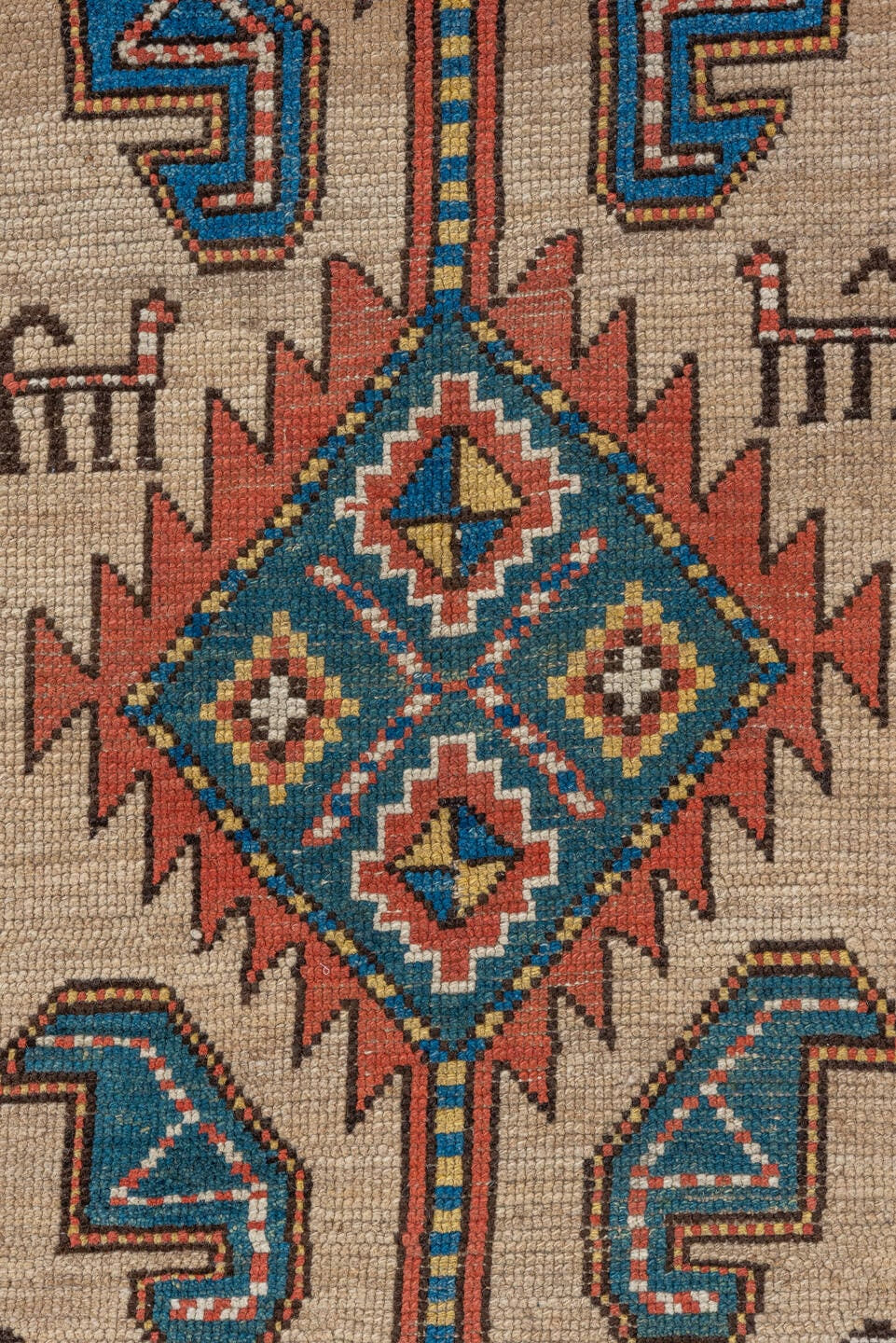 3' x 9' one-of-a-kind handmade antique Sarab runner rug. Color palette: ivory, rust, indigo, blue, brick, gold, charcoal