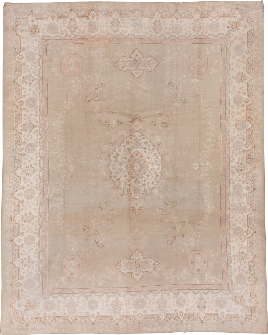 11' x 14' one-of-a-kind handmade antique Oushak oversize rug. Color palette: taupe, ivory, blush, pale blue, beige, sand