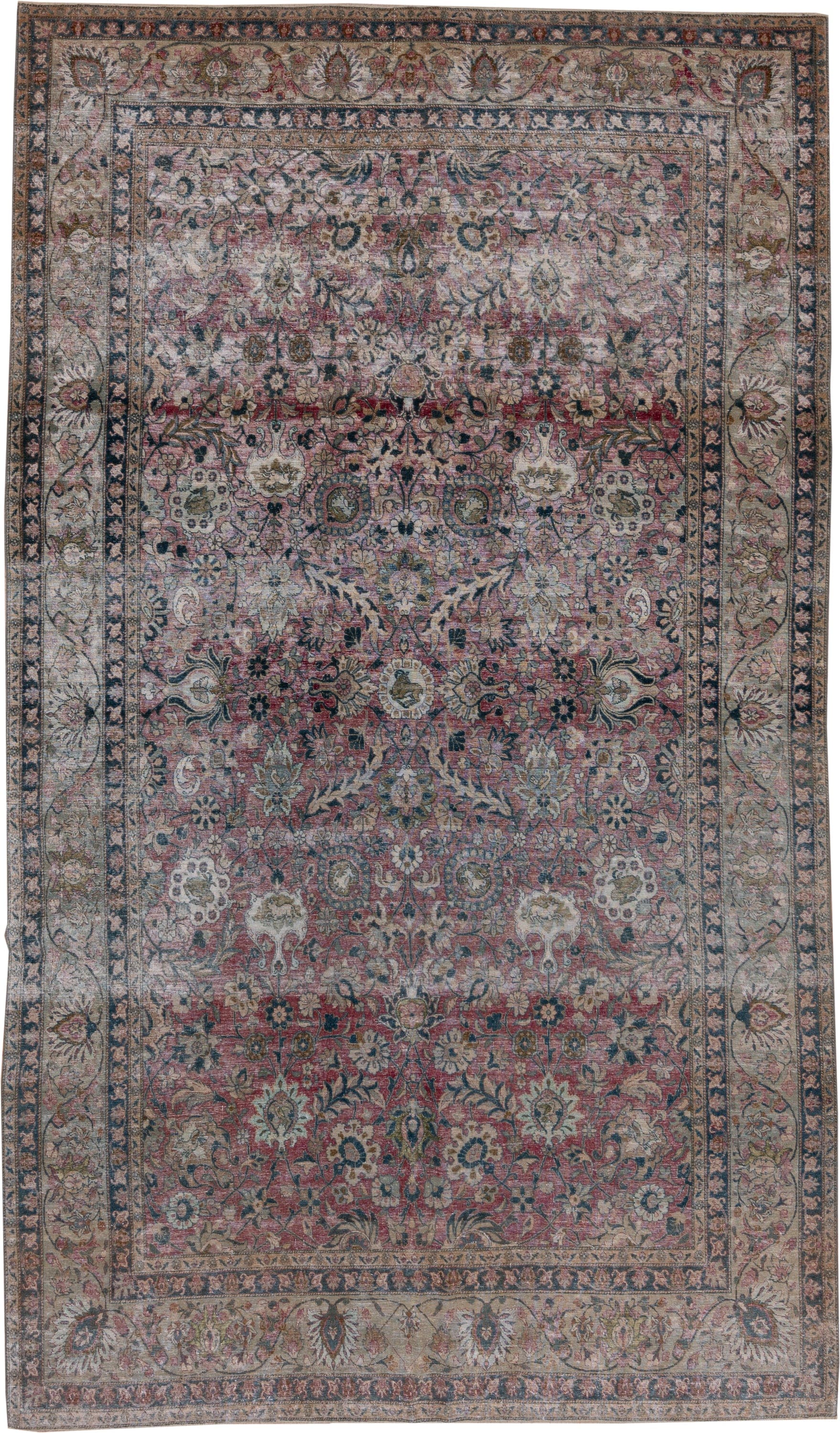 6' x 11' one-of-a-kind handmade antique Tehran large size rug. Color palette: rose, ivory, slate, dusty blue, taupe