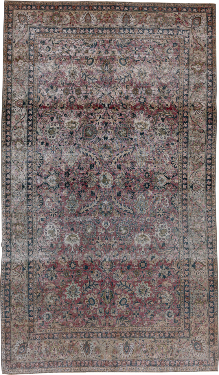 6' x 11' one-of-a-kind handmade antique Tehran large size rug. Color palette: rose, ivory, slate, dusty blue, taupe