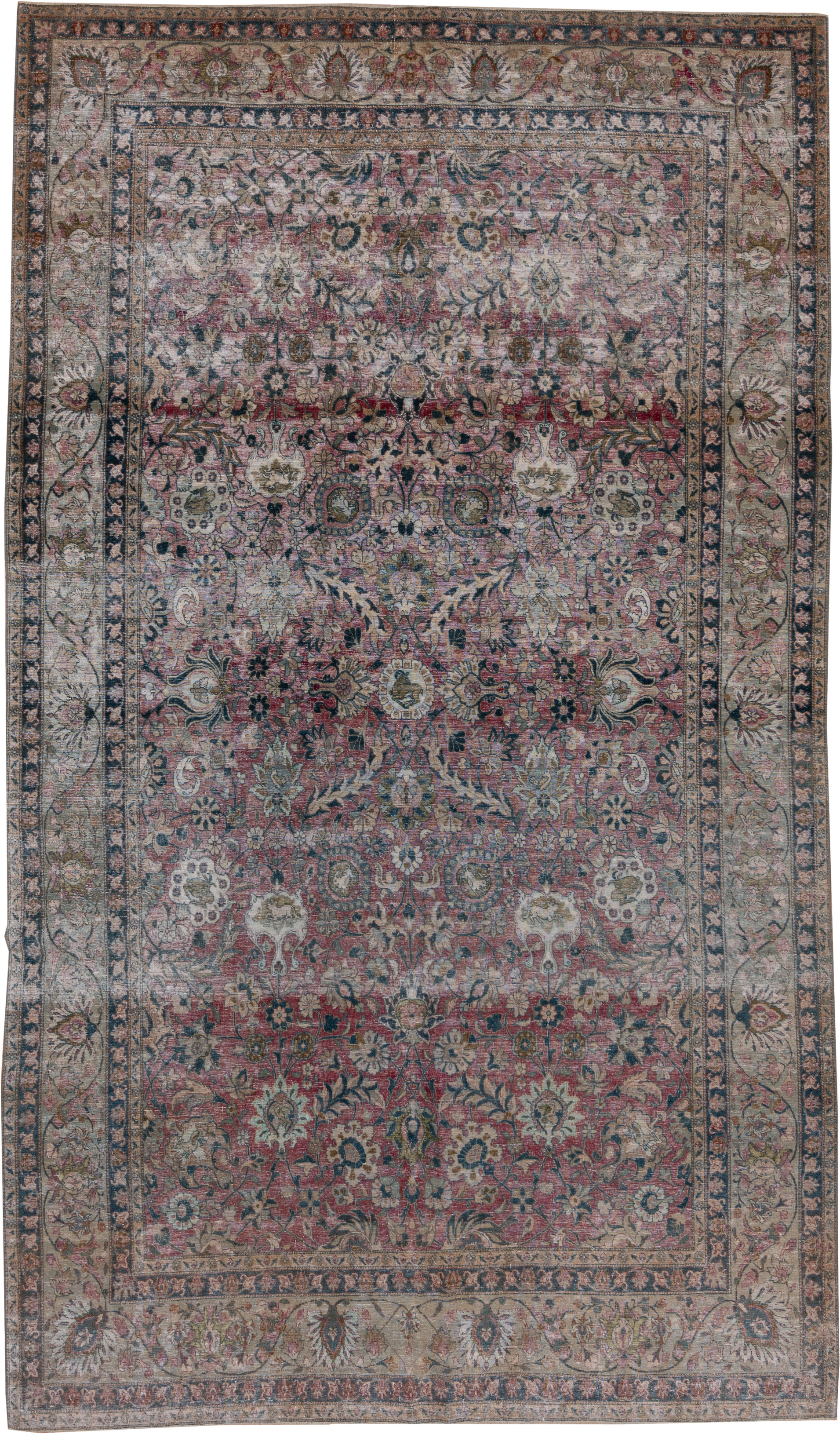 6' x 11' one-of-a-kind handmade antique Tehran large size rug. Color palette: rose, ivory, slate, dusty blue, taupe