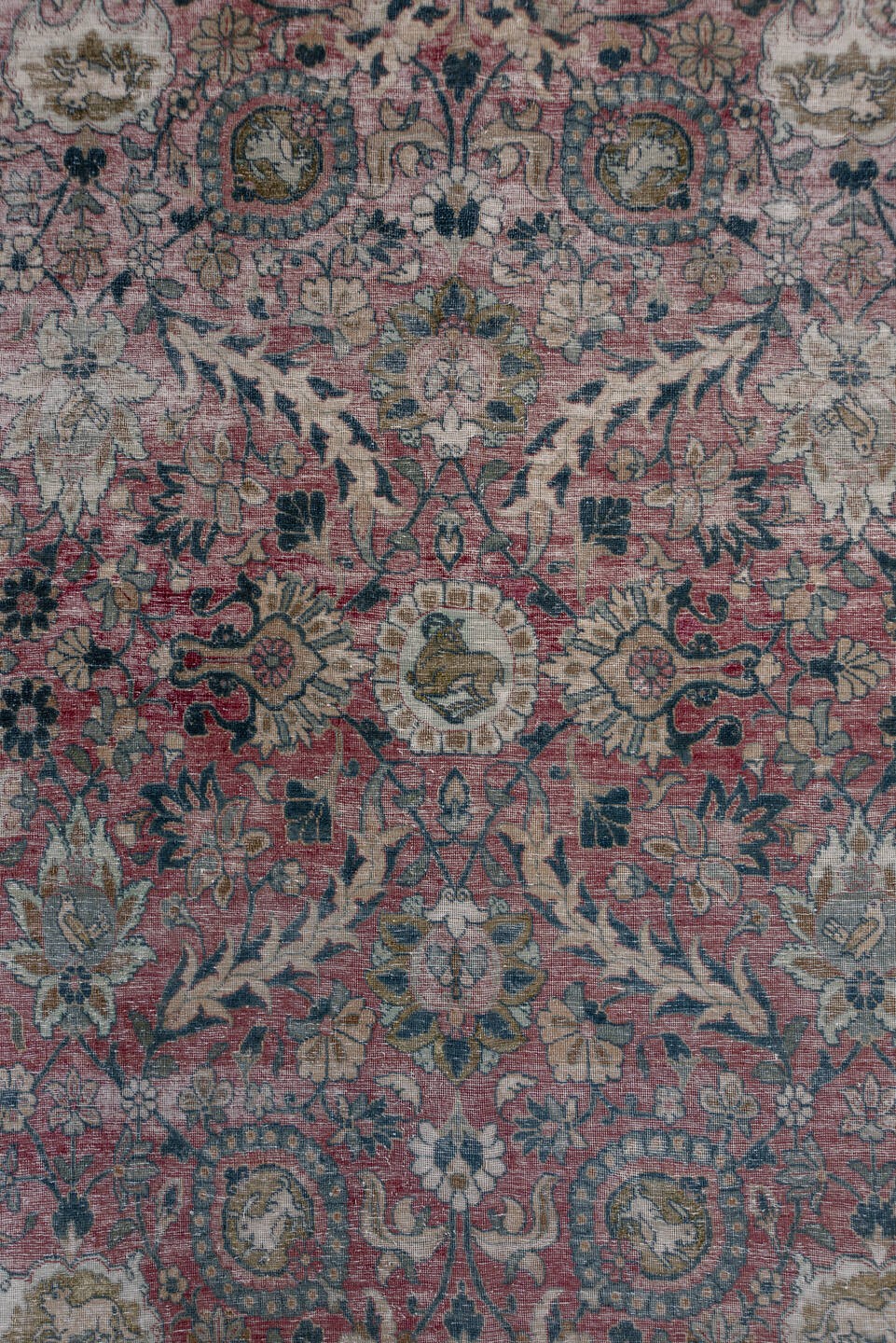 6' x 11' one-of-a-kind handmade antique Tehran large size rug. Color palette: rose, ivory, slate, dusty blue, taupe
