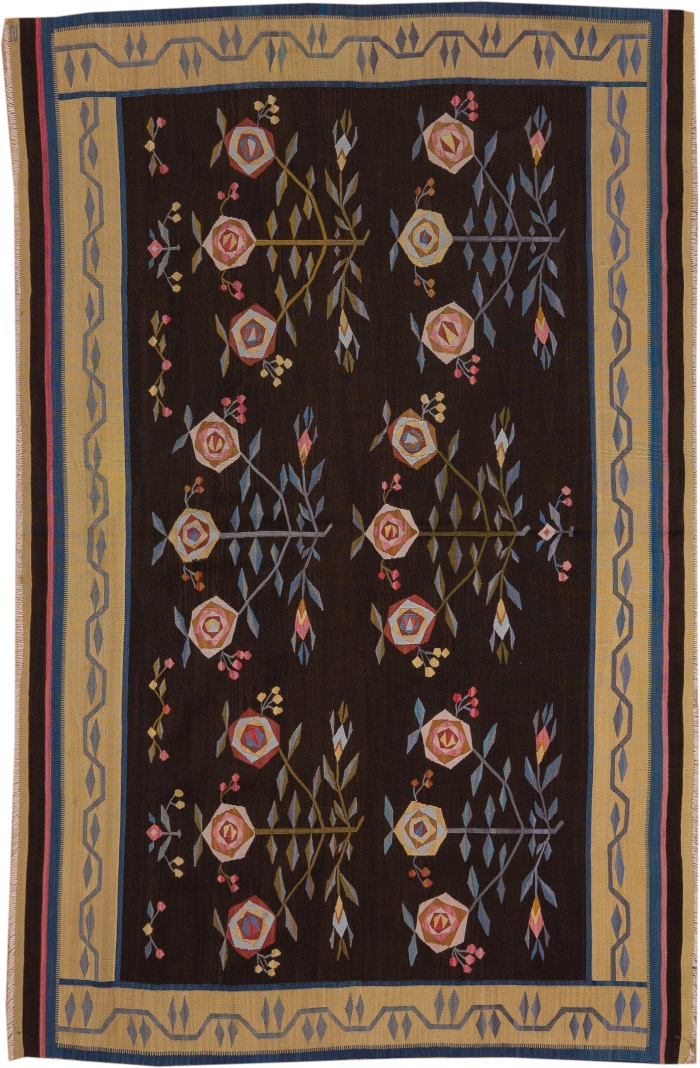 4' x 6' one-of-a-kind handmade antique Kilim small size rug. Color palette: brown, camel, blue, rose, ivory, olive, rust