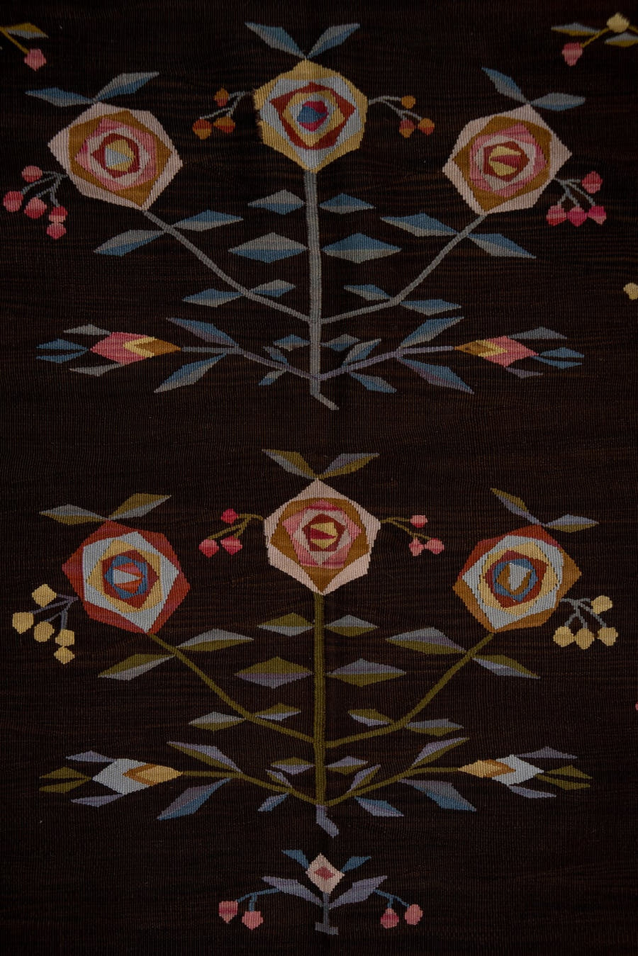 4' x 6' one-of-a-kind handmade antique Kilim small size rug. Color palette: brown, camel, blue, rose, ivory, olive, rust