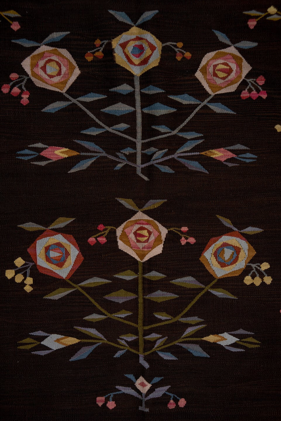 4' x 6' one-of-a-kind handmade antique Kilim small size rug. Color palette: brown, camel, blue, rose, ivory, olive, rust
