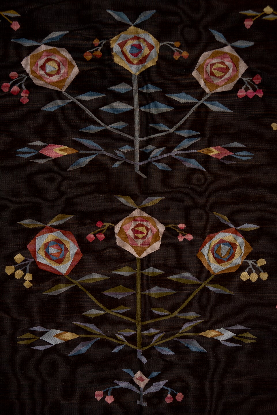 4' x 6' one-of-a-kind handmade antique Kilim small size rug. Color palette: brown, camel, blue, rose, ivory, olive, rust