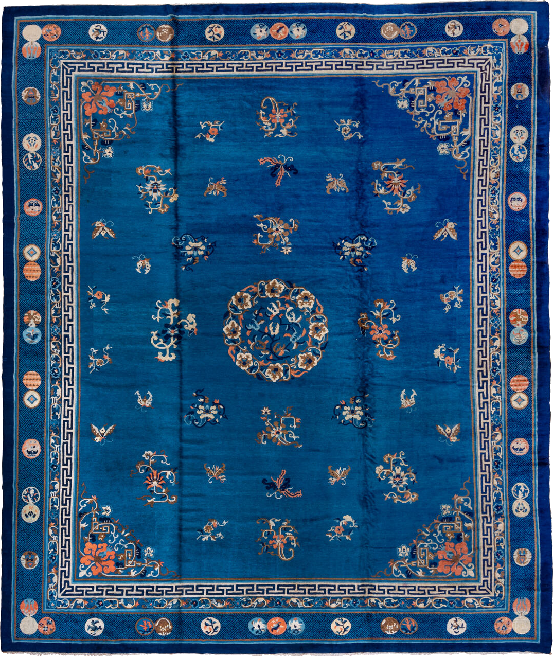 14' x 17' one-of-a-kind handmade vintage Chinese oversize rug. Color palette: blue, brown, dark gray, gray, light gray