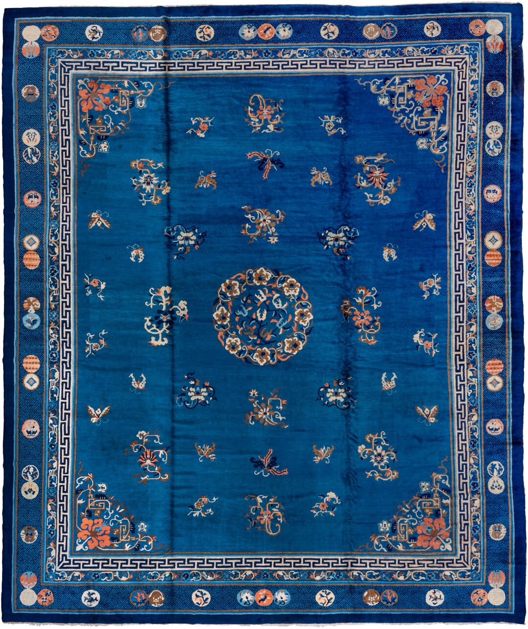 14' x 17' one-of-a-kind handmade antique Chinese oversize rug. Color palette: cobalt, ivory, navy, coral, camel, slate