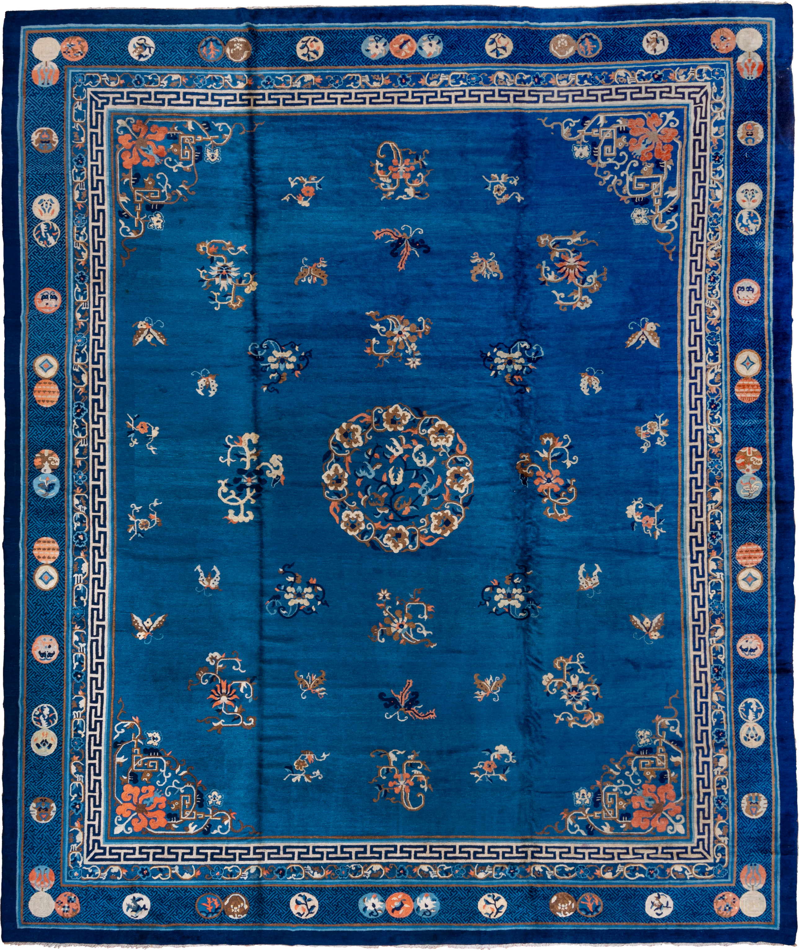 14' x 17' one-of-a-kind handmade antique Chinese oversize rug. Color palette: cobalt, ivory, navy, coral, camel, slate