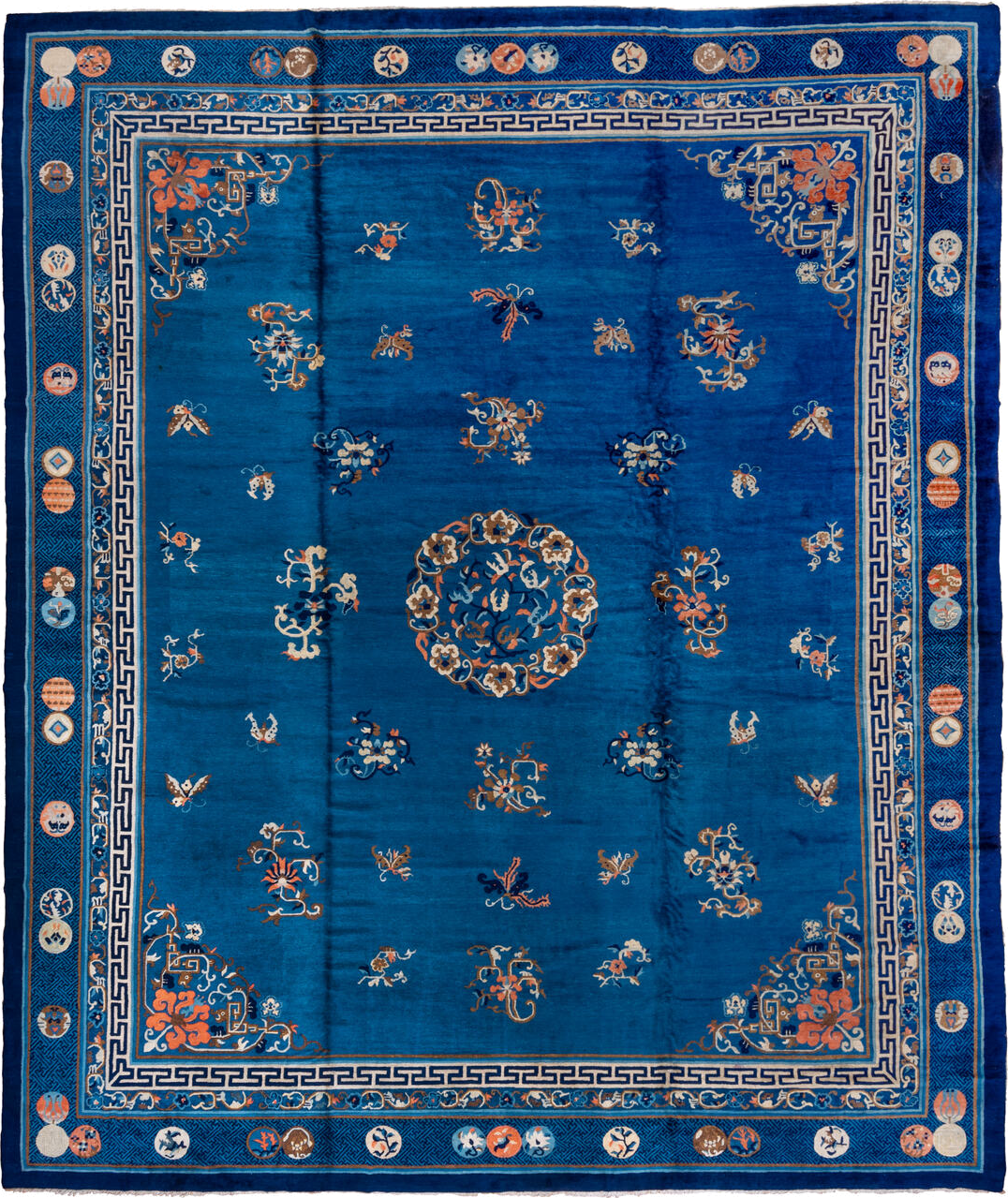 14' x 17' one-of-a-kind handmade vintage Chinese oversize rug. Color palette: blue, brown, dark gray, gray, light gray