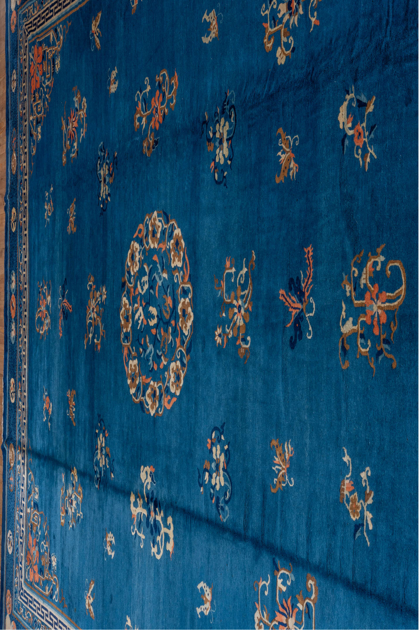 14' x 17' one-of-a-kind handmade vintage Chinese oversize rug. Color palette: blue, brown, dark gray, gray, light gray