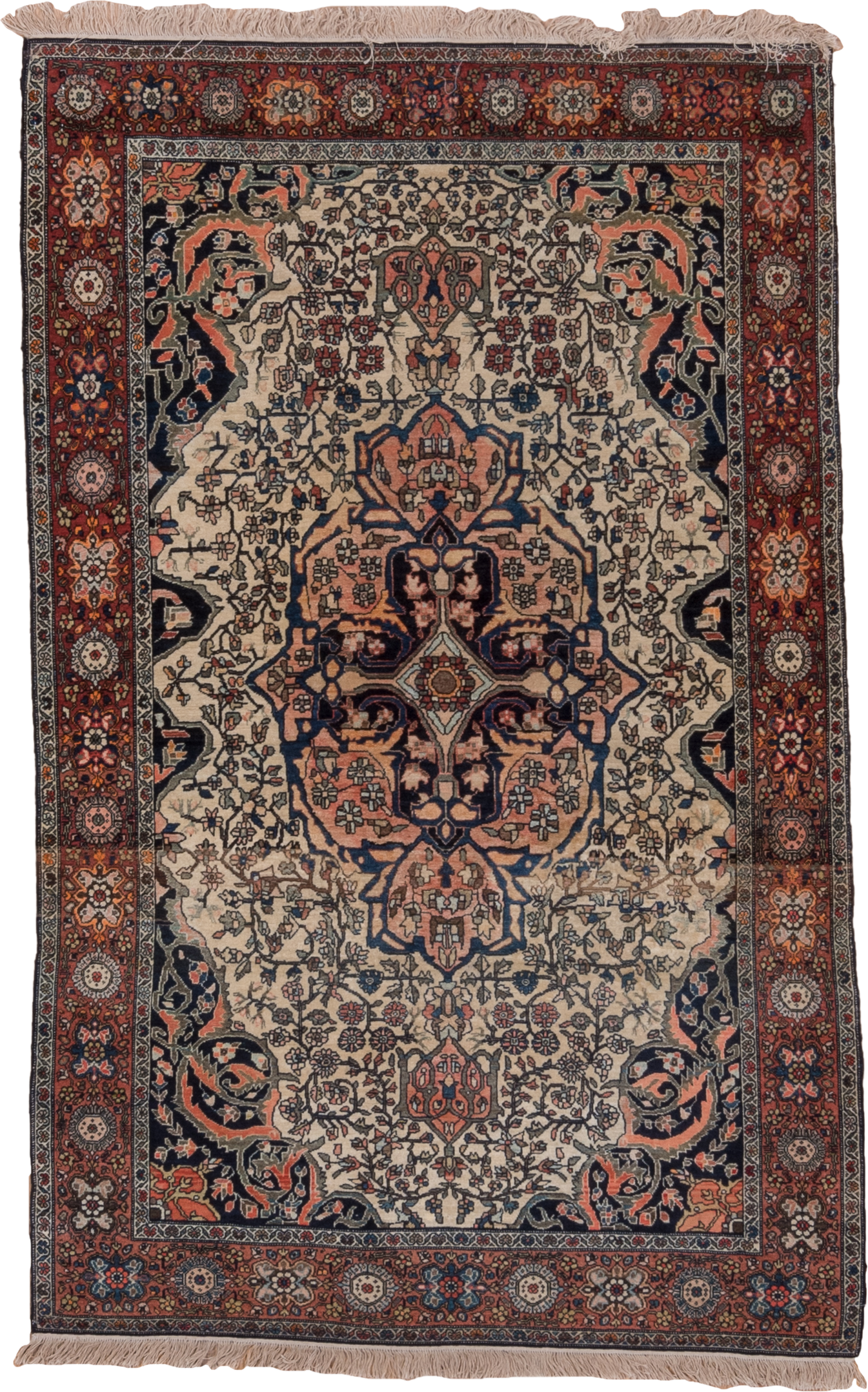 4' x 6' one-of-a-kind handmade antique Far.Sarouk small size rug. Color palette: ivory, rust, navy, rose, charcoal, coral