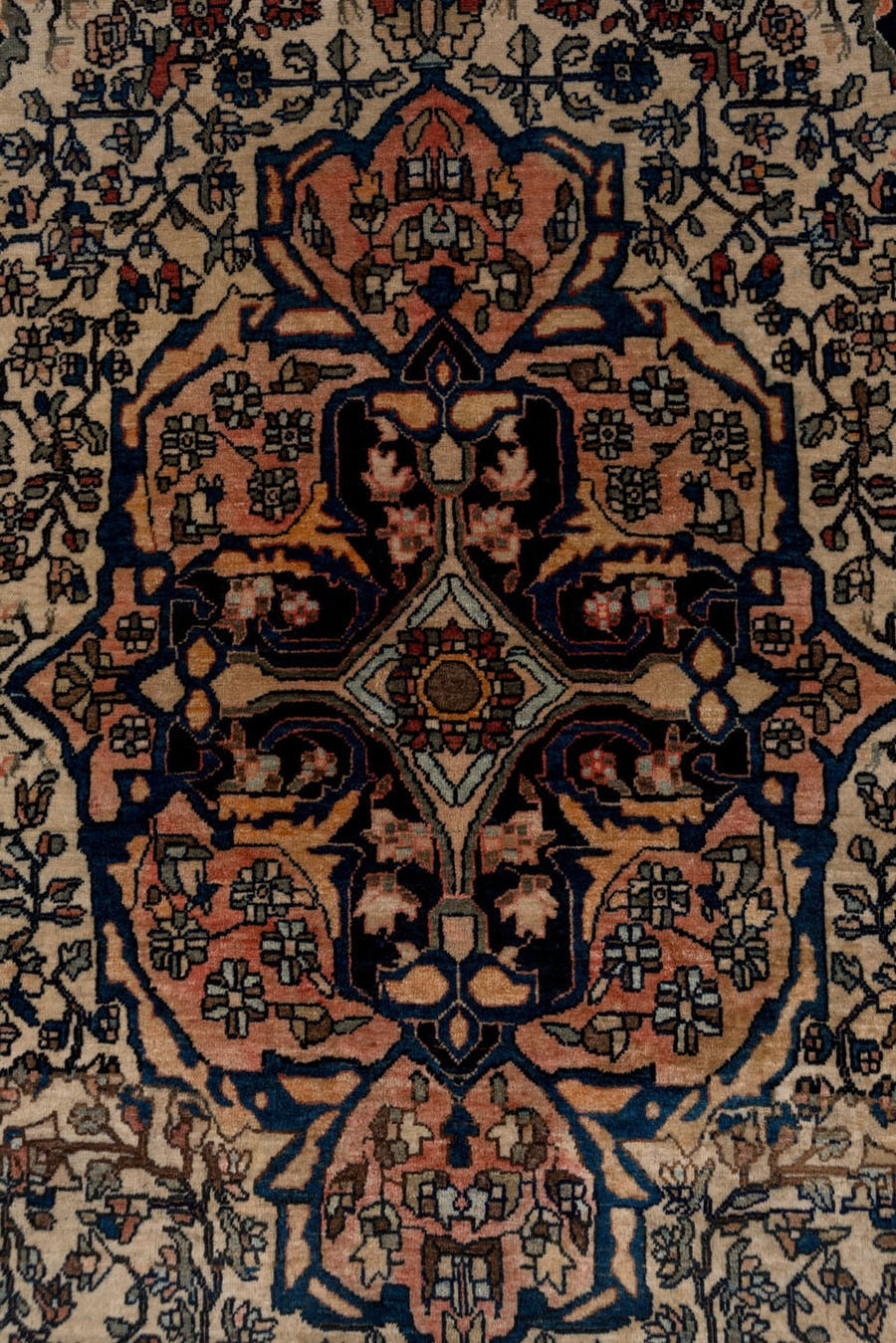 4' x 6' one-of-a-kind handmade antique Far.Sarouk small size rug. Color palette: ivory, rust, navy, rose, charcoal, coral