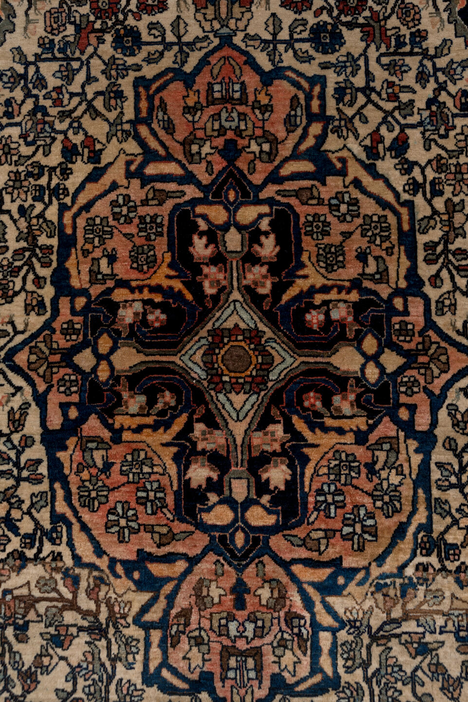 4' x 6' one-of-a-kind handmade antique Far.Sarouk small size rug. Color palette: ivory, rust, navy, rose, charcoal, coral