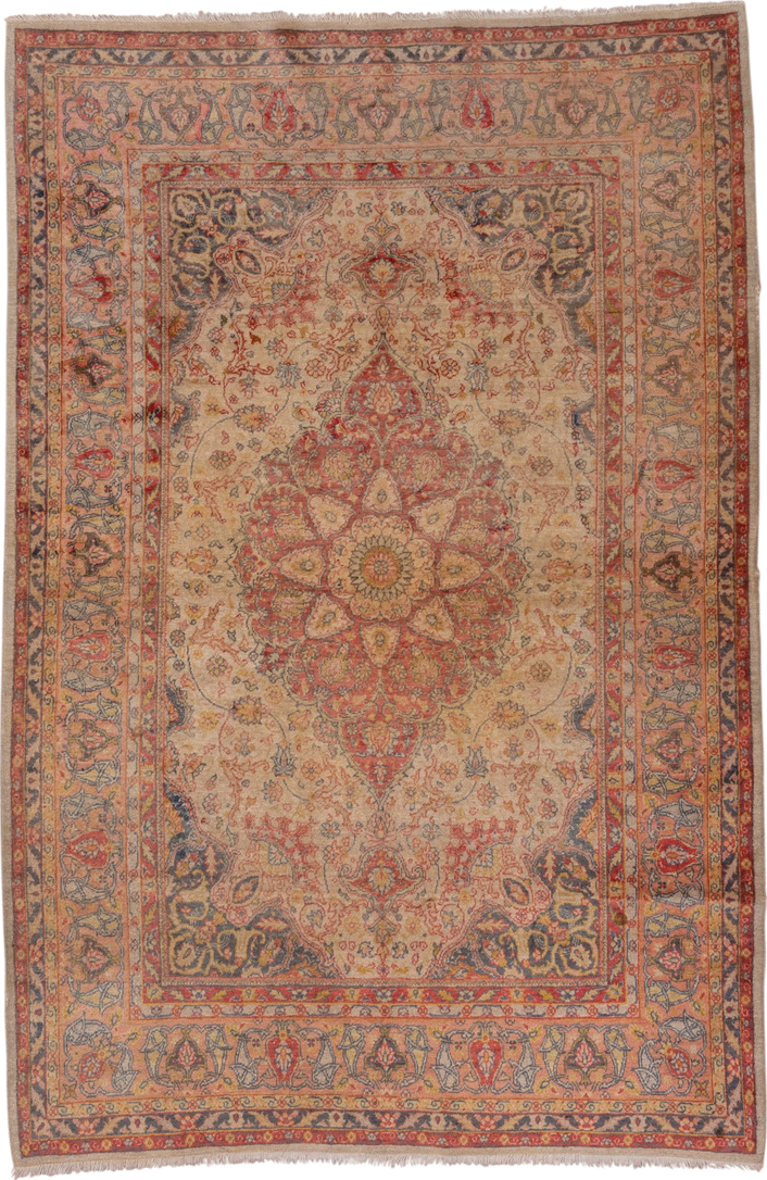 4' x 6' one-of-a-kind handmade antique Sivas small size rug. Color palette: ivory, rose, rust, gold, slate, terra cotta