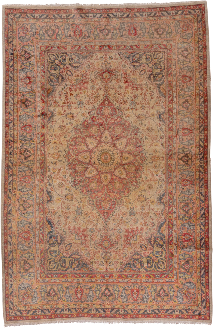 4' x 6' one-of-a-kind handmade antique Sivas small size rug. Color palette: ivory, rose, rust, gold, slate, terra cotta