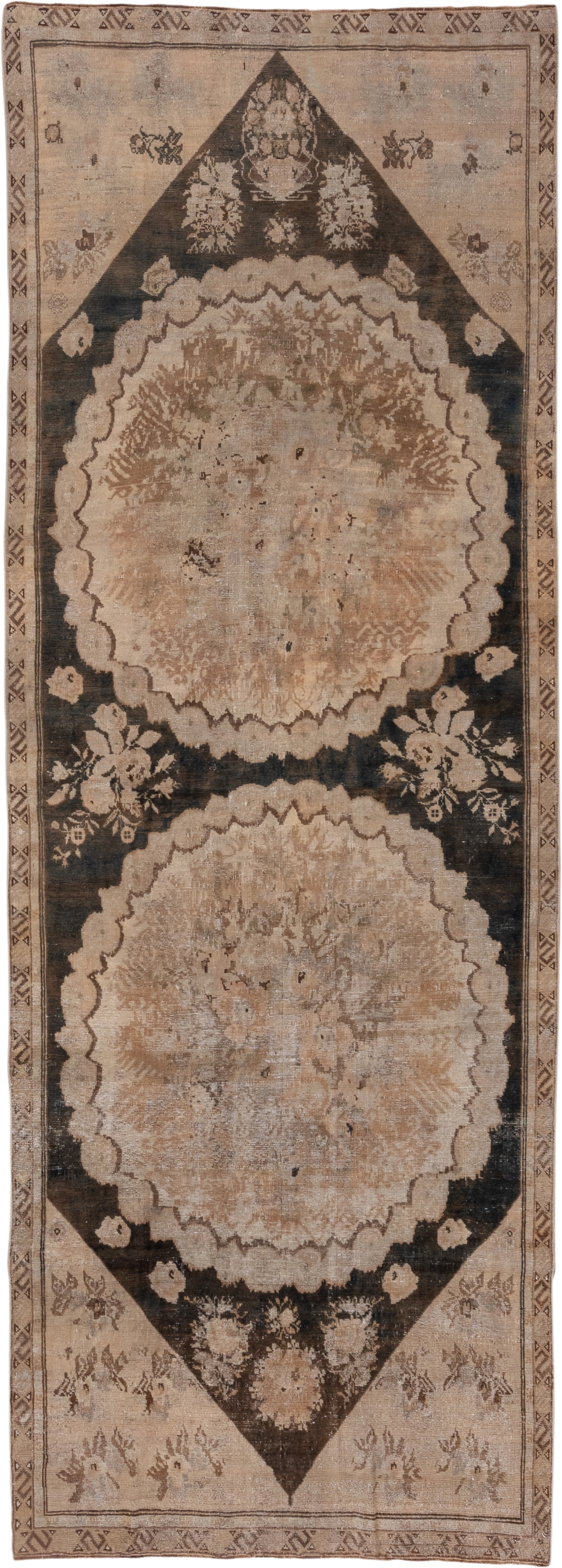 4' x 11' one-of-a-kind handmade vintage Karabagh runner rug. Color palette: taupe, ivory, charcoal, beige, brown, gray