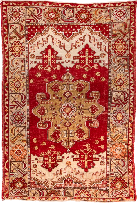 3' x 5' one-of-a-kind handmade vintage Oushak small size rug. Color palette: red, ivory, camel, rust, terra cotta, gold