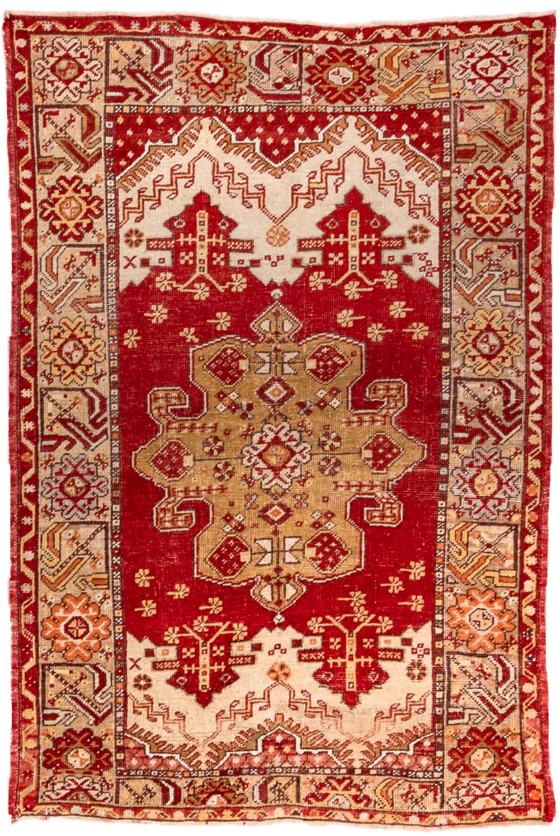 3' x 5' one-of-a-kind handmade vintage Oushak small size rug. Color palette: red, ivory, camel, rust, terra cotta, gold