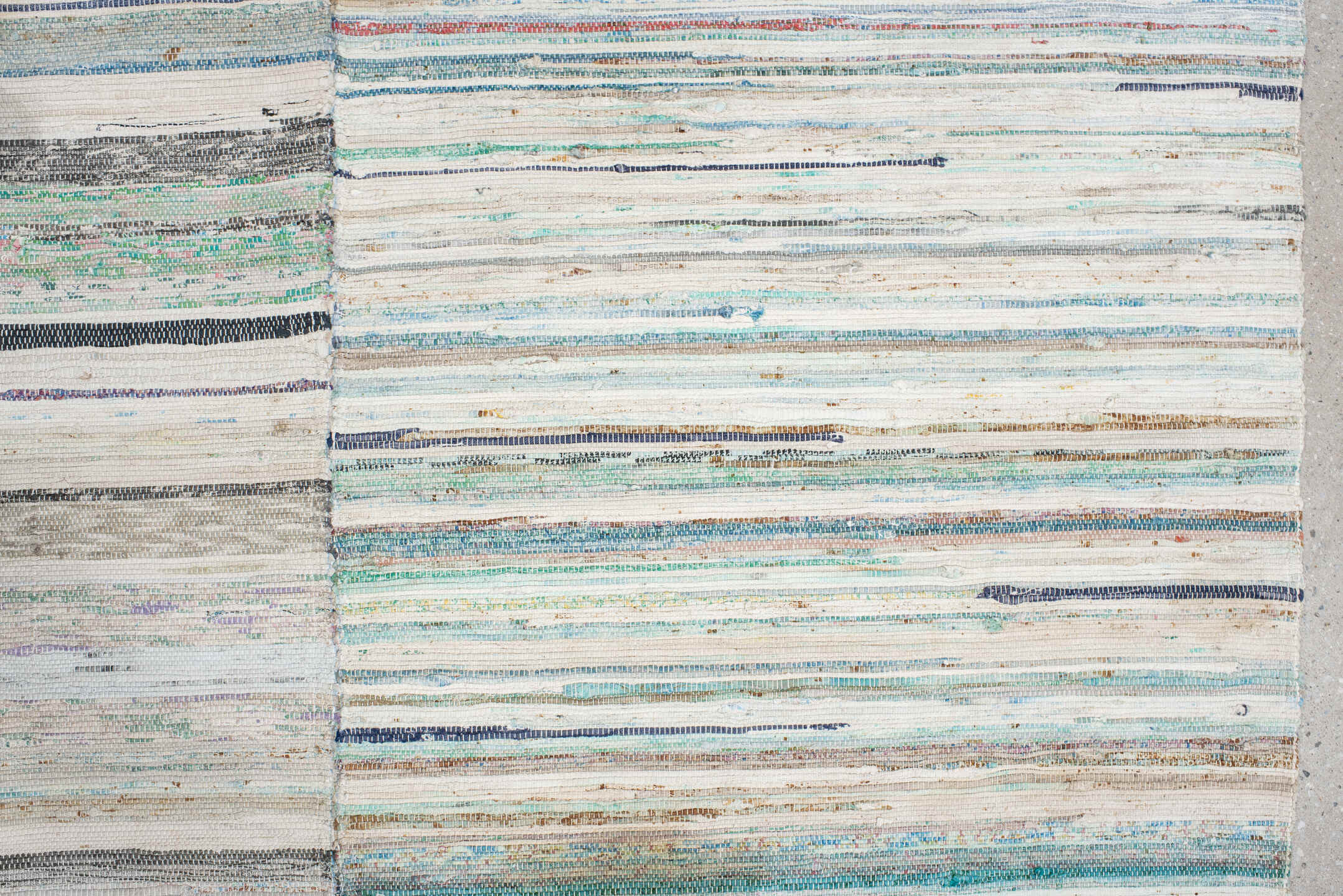 6' x 9' one-of-a-kind handmade antique Rag Rug medium size rug. Color palette: ivory, aqua, pale blue, charcoal, slate, rose