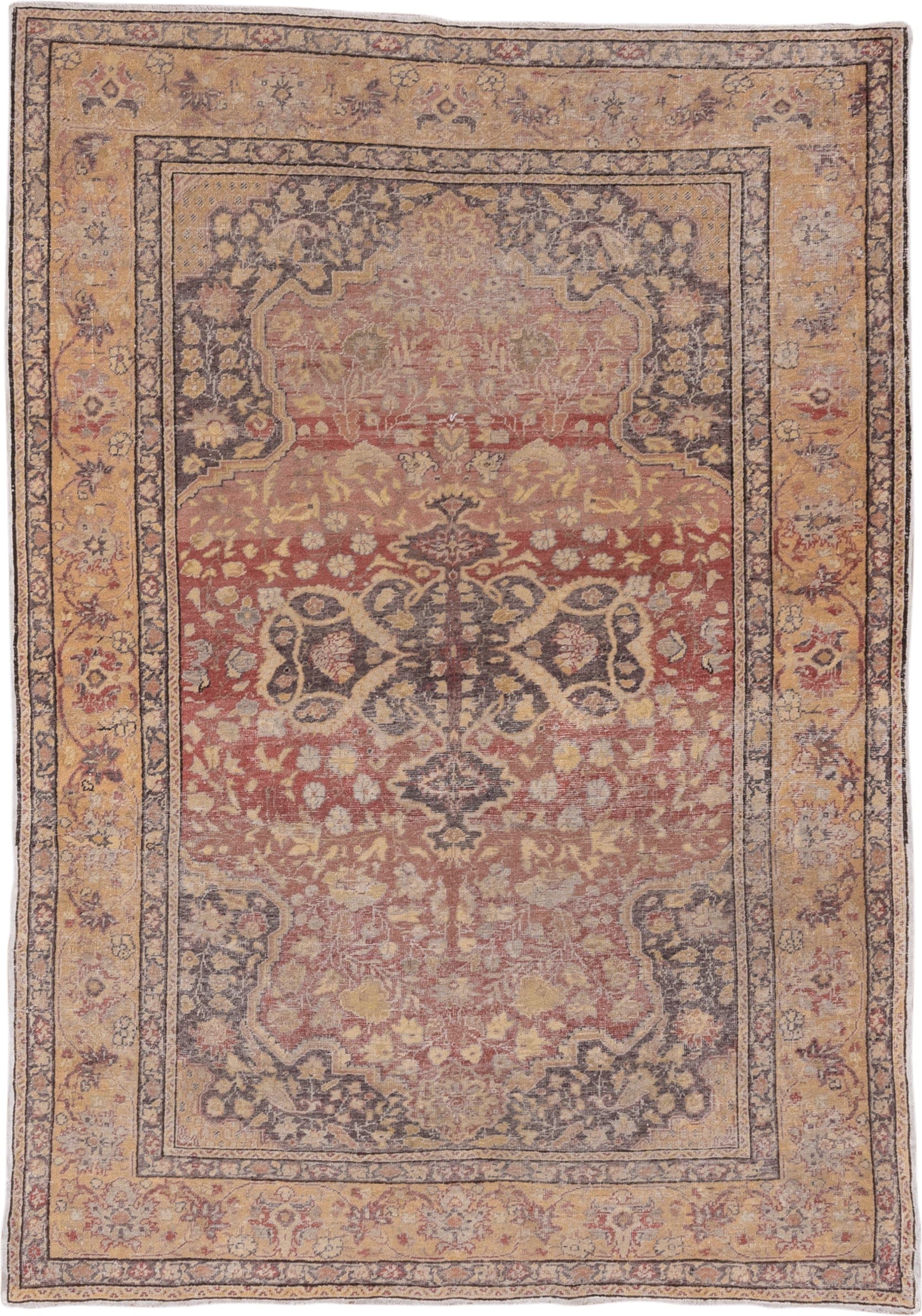 5' x 7' one-of-a-kind handmade vintage Oushak rug. Color palette: terracotta, gold, ivory, taupe, charcoal, rose, sage