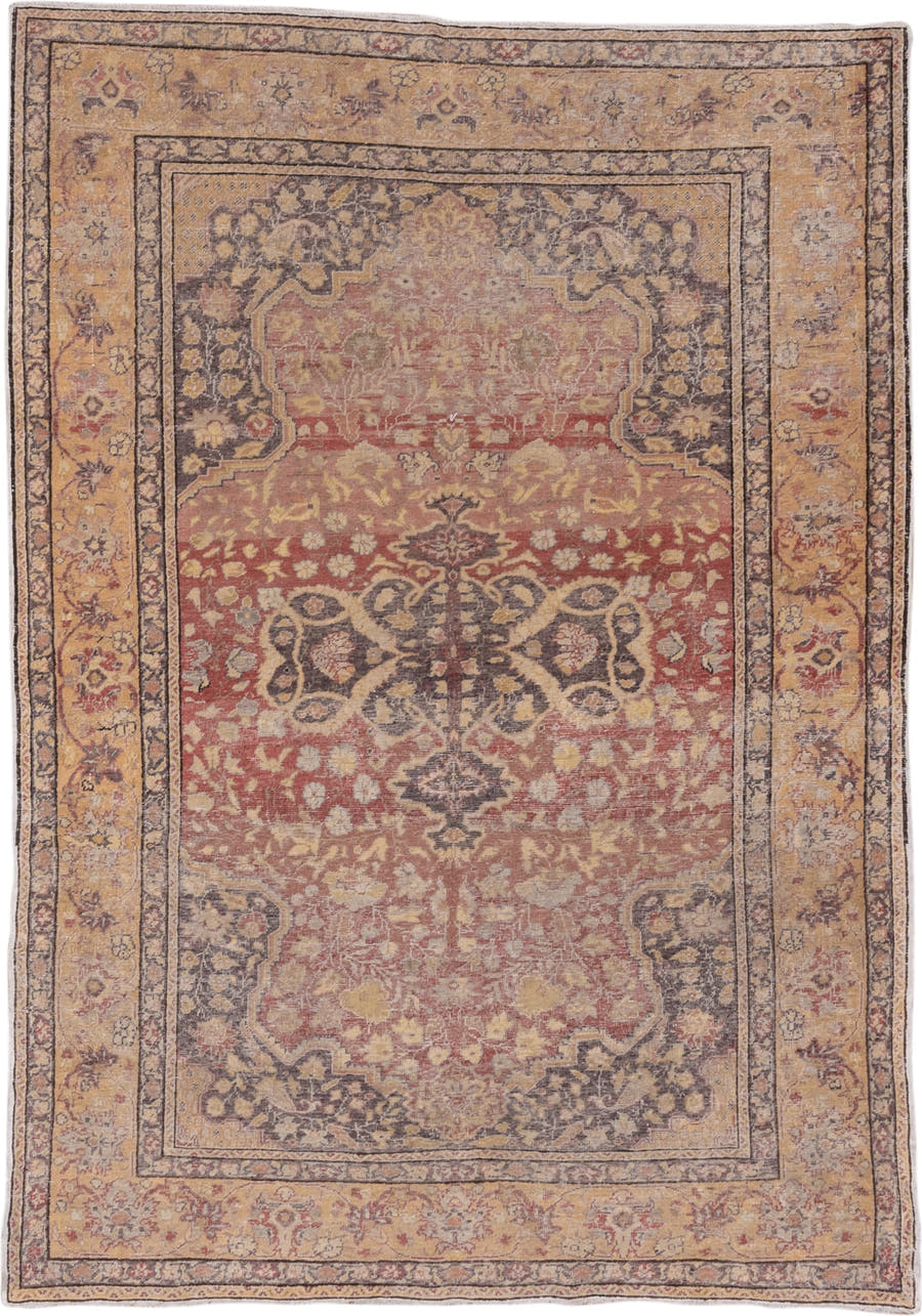 5' x 7' one-of-a-kind handmade vintage Oushak rug. Color palette: terracotta, gold, ivory, taupe, charcoal, rose, sage