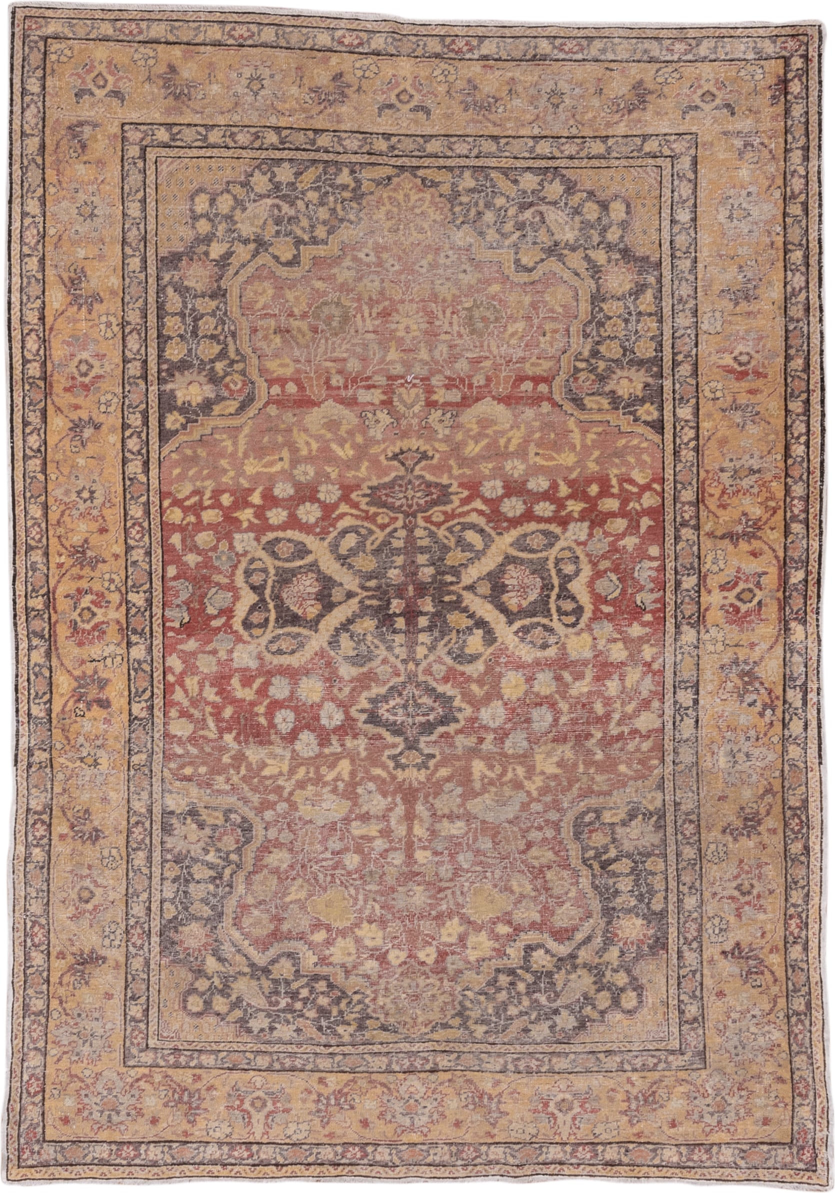 5' x 7' one-of-a-kind handmade vintage Oushak rug. Color palette: terracotta, gold, ivory, taupe, charcoal, rose, sage