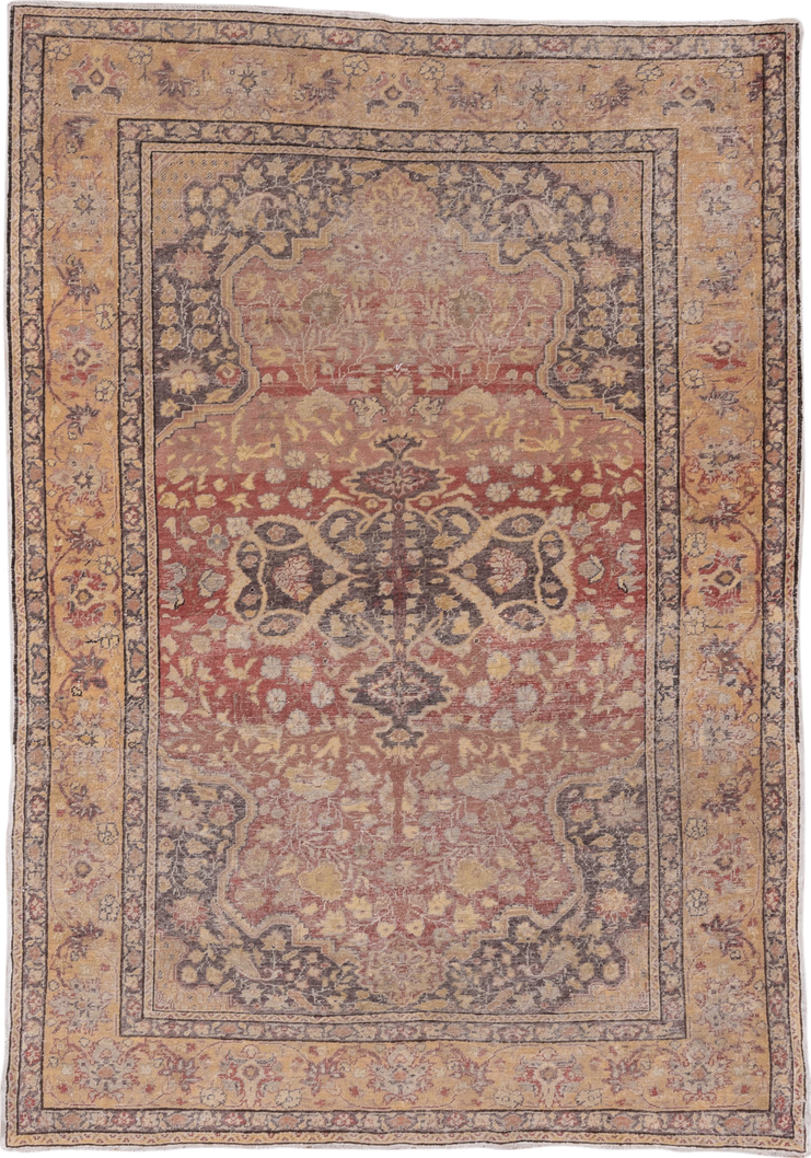5' x 7' one-of-a-kind handmade vintage Oushak rug. Color palette: brown, gray, light gray, off-white, orange, pink, red