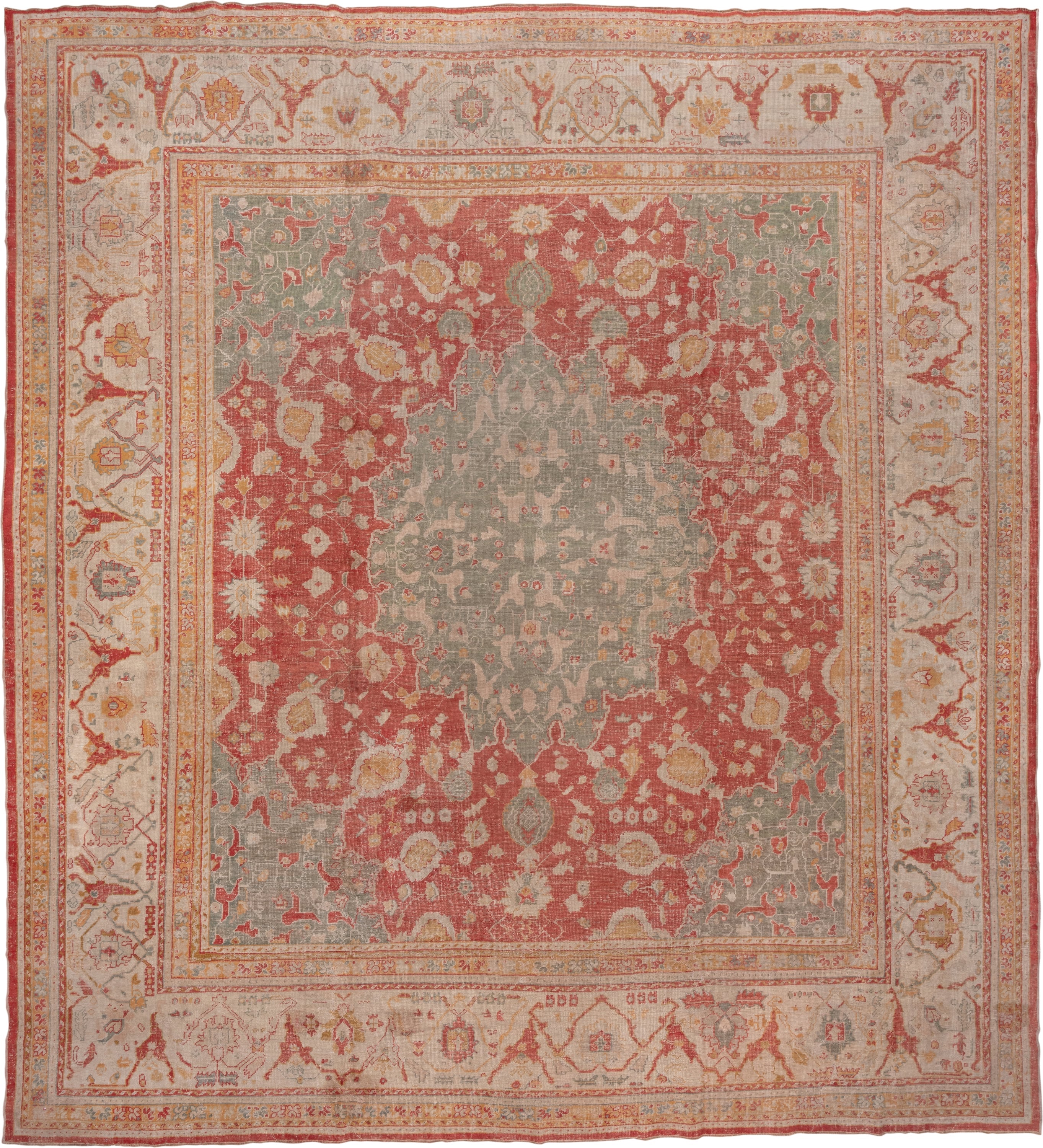 16' x 17' one-of-a-kind handmade vintage Oushak oversize rug. Color palette: coral, ivory, sage, gold, terra cotta, beige