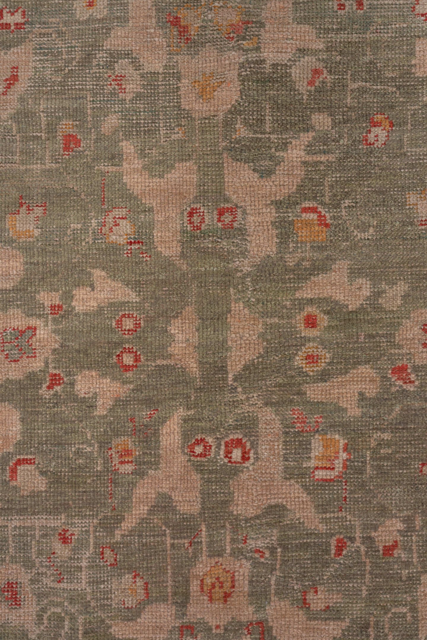 16' x 17' one-of-a-kind handmade vintage Oushak oversize rug. Color palette: coral, ivory, sage, gold, terra cotta, beige