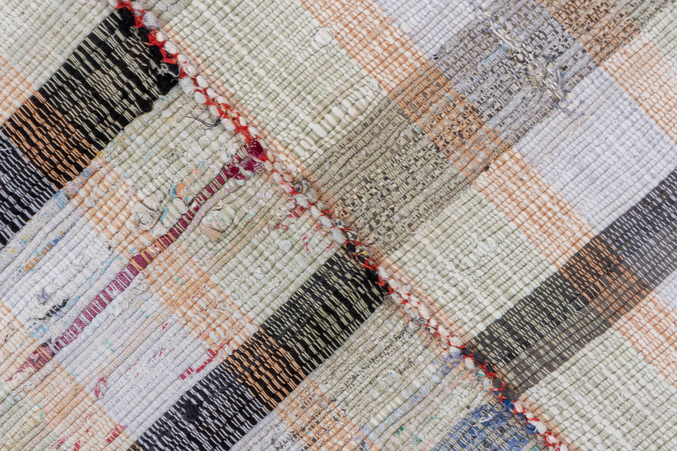 6' x 8' one-of-a-kind handmade antique Rag Rug rug. Color palette: ivory, taupe, charcoal, pale blue, butter yellow, blush