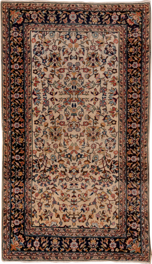 2' x 4' one-of-a-kind handmade vintage Sivas small size rug. Color palette: ivory, navy, rust, camel, sage, powder_blue