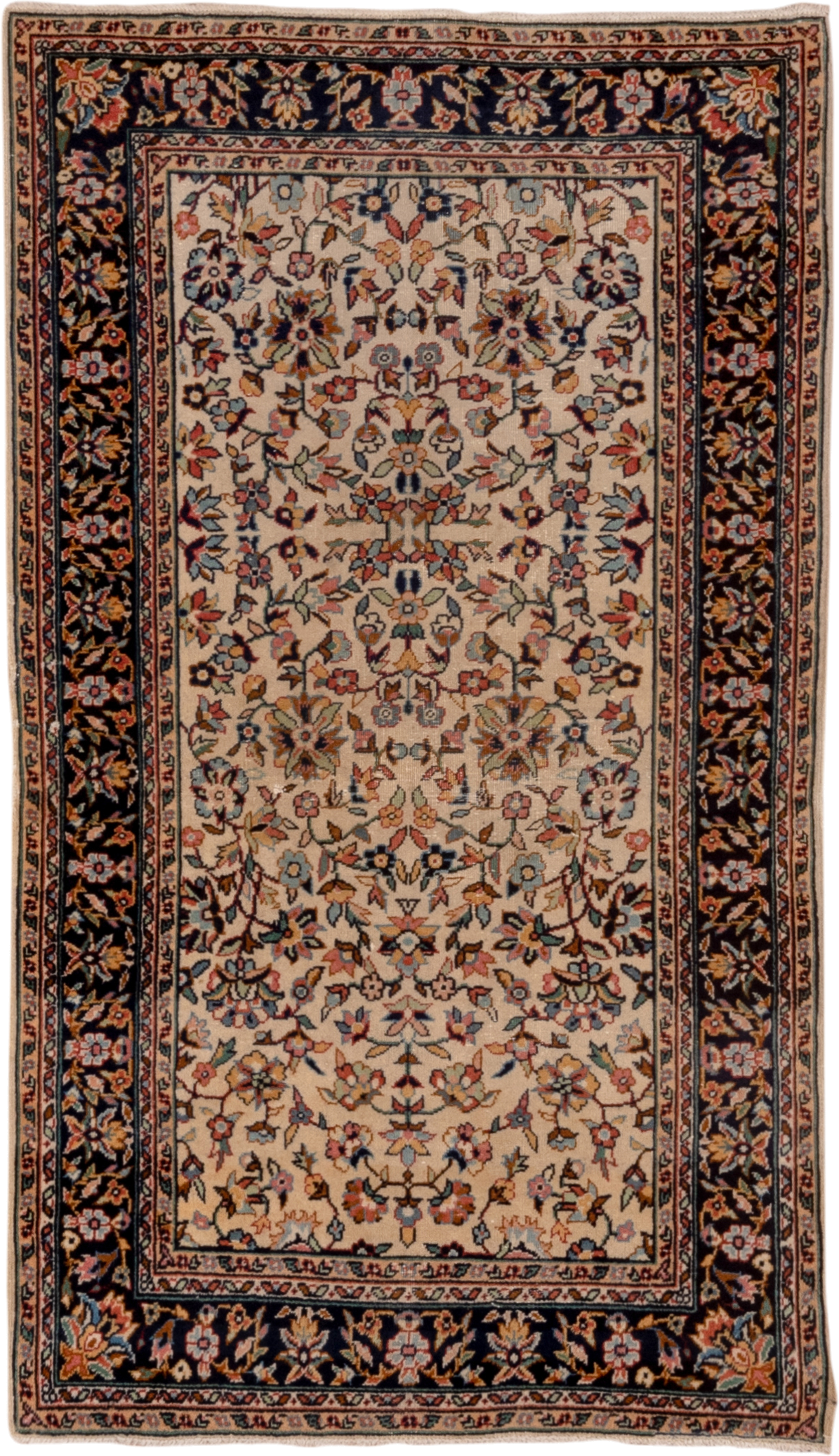 2' x 4' one-of-a-kind handmade vintage Sivas small size rug. Color palette: ivory, navy, rust, camel, sage, powder_blue