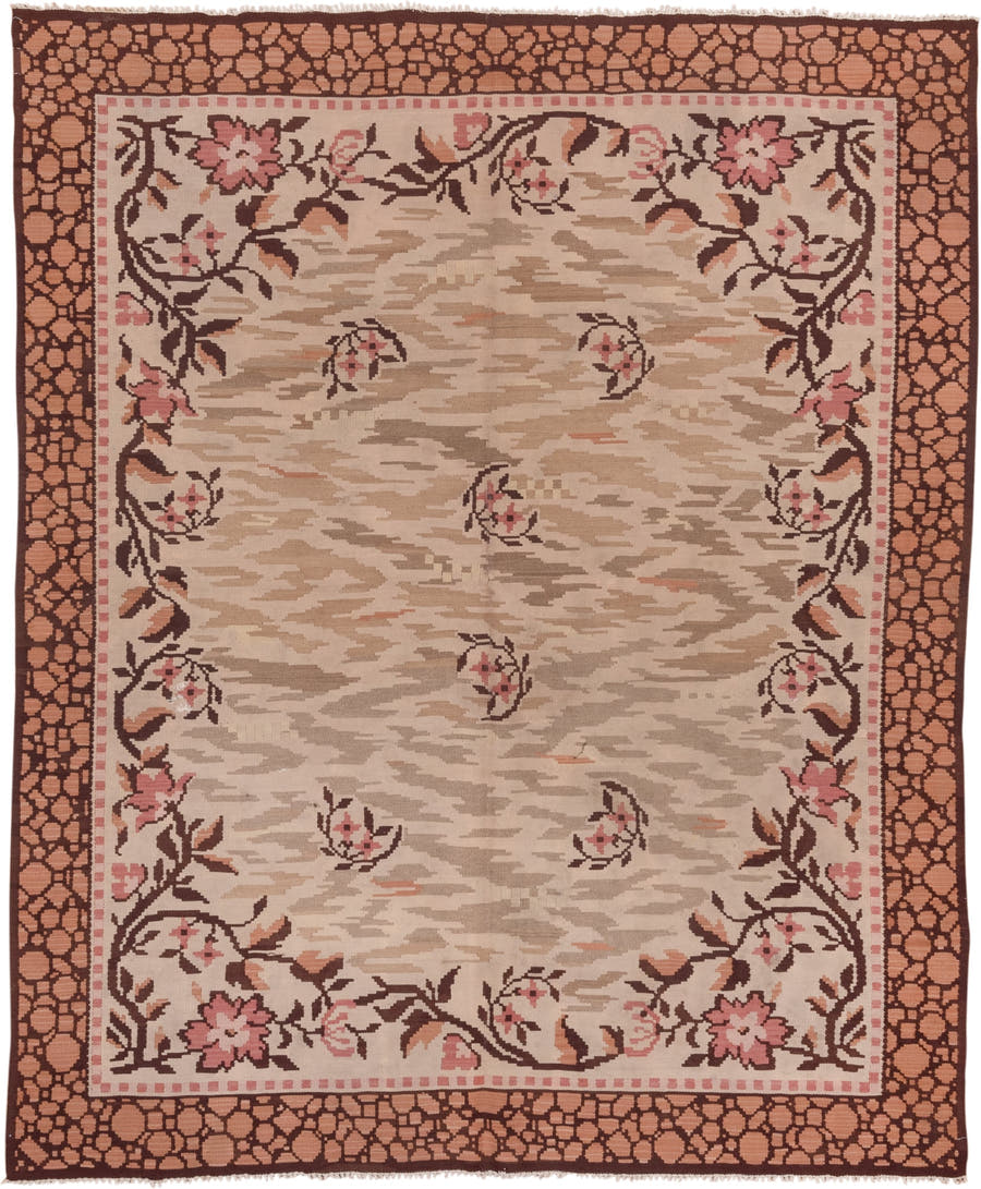6' x 7' one-of-a-kind handmade antique Kilim rug. Color palette: ivory, taupe, rose, brown, blush, camel, beige, gray, pink