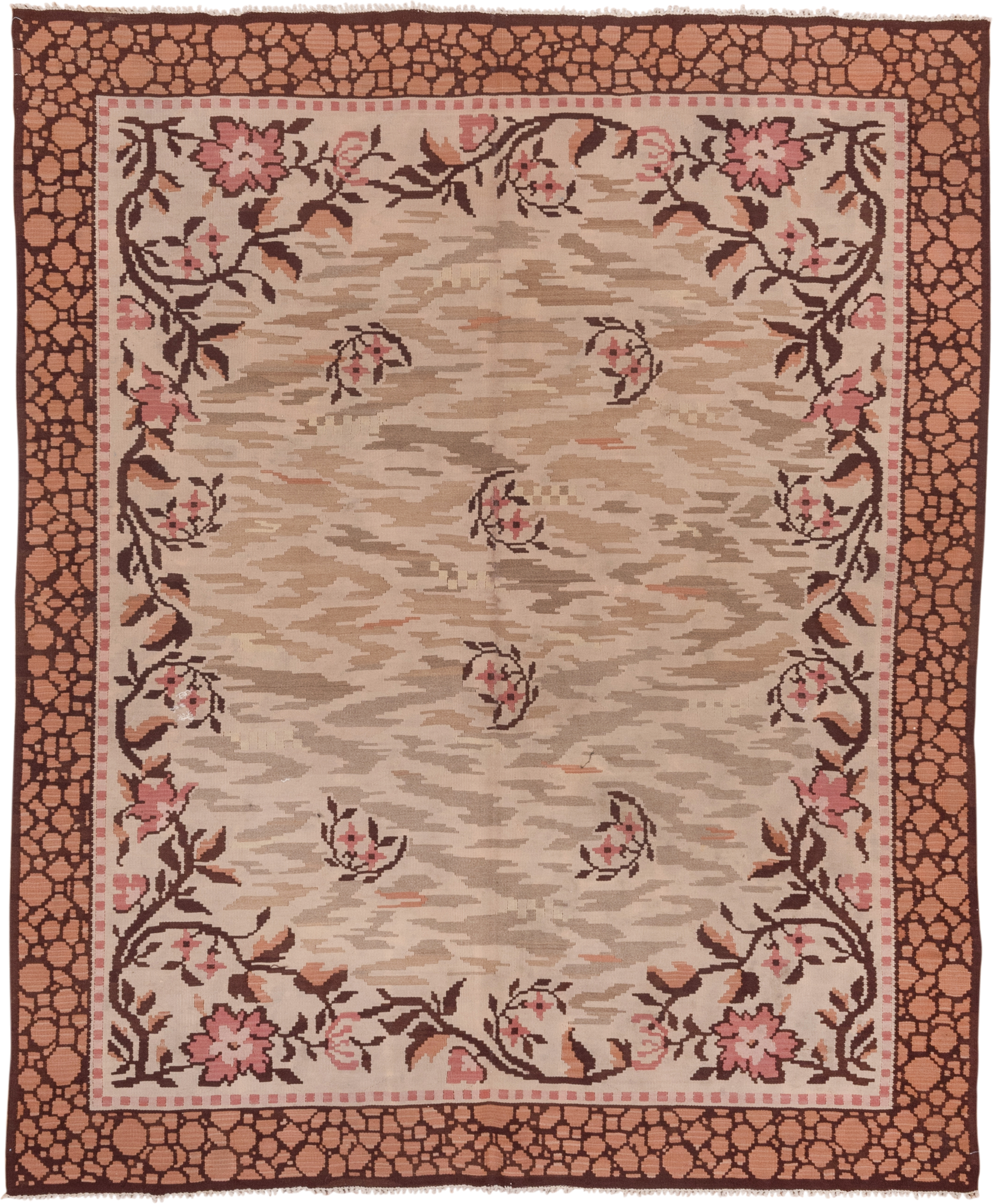 6' x 7' one-of-a-kind handmade antique Kilim rug. Color palette: ivory, taupe, rose, brown, blush, camel, beige, gray, pink