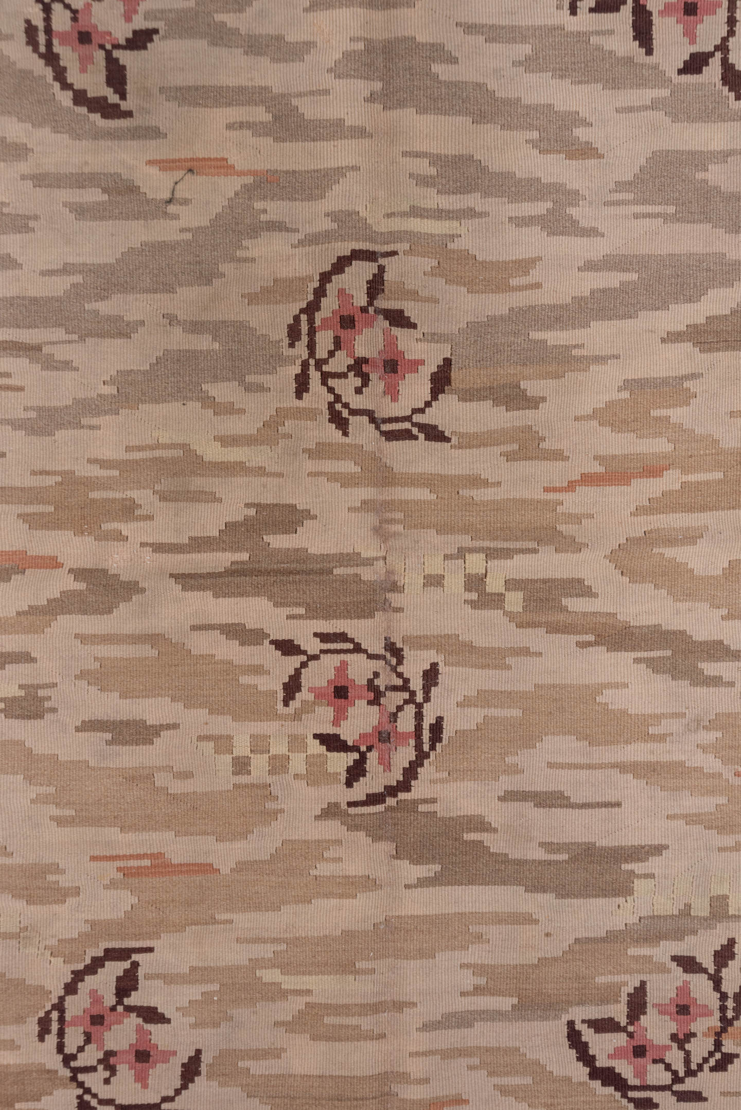 6' x 7' one-of-a-kind handmade antique Kilim rug. Color palette: ivory, taupe, rose, brown, blush, camel, beige, gray, pink