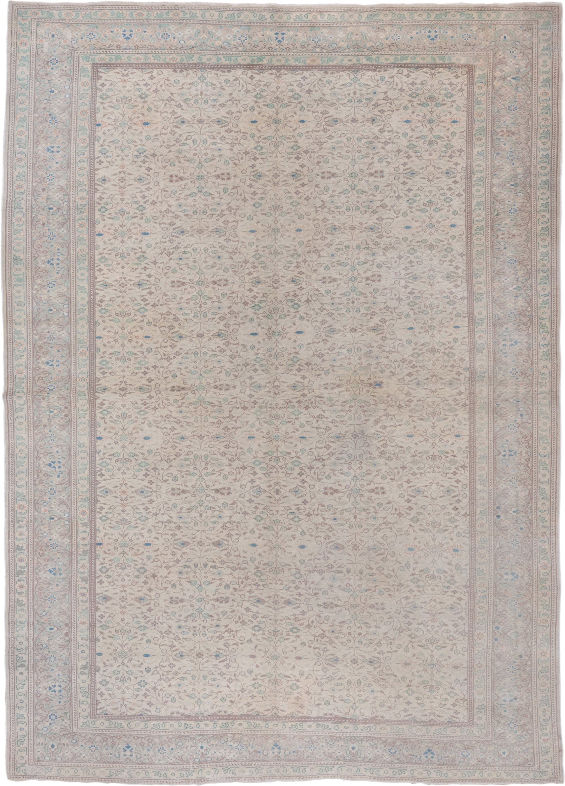 6' x 9' one-of-a-kind handmade vintage Sivas medium size rug. Color palette: ivory, taupe, pale blue, sage, beige, soft pink
