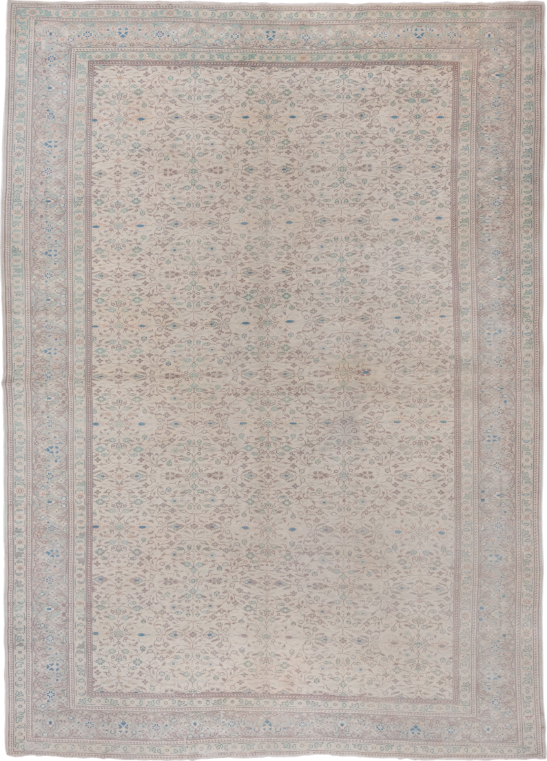 6' x 9' one-of-a-kind handmade vintage Sivas medium size rug. Color palette: ivory, taupe, pale blue, sage, beige, soft pink