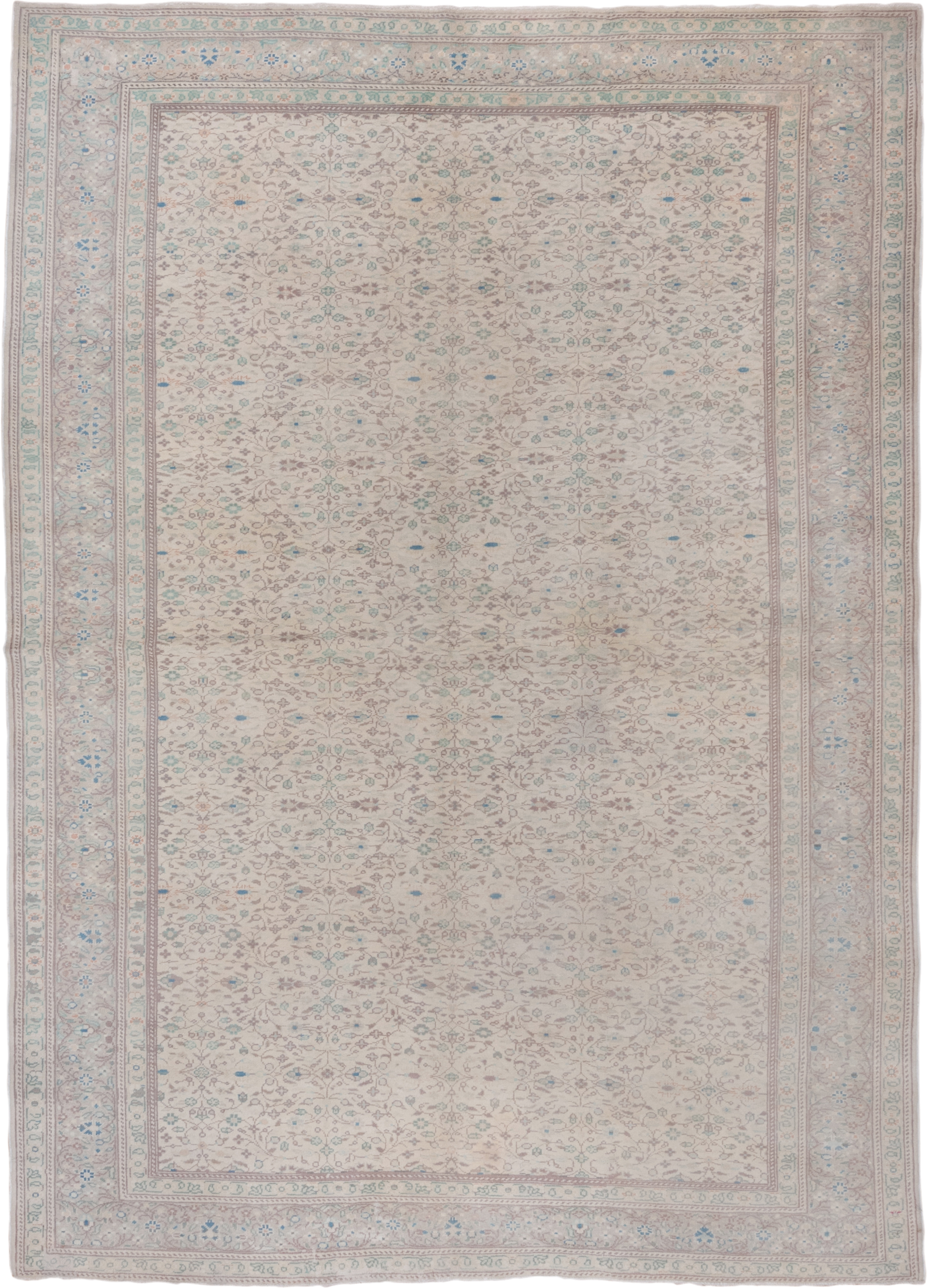 6' x 9' one-of-a-kind handmade vintage Sivas medium size rug. Color palette: ivory, taupe, pale blue, sage, beige, soft pink